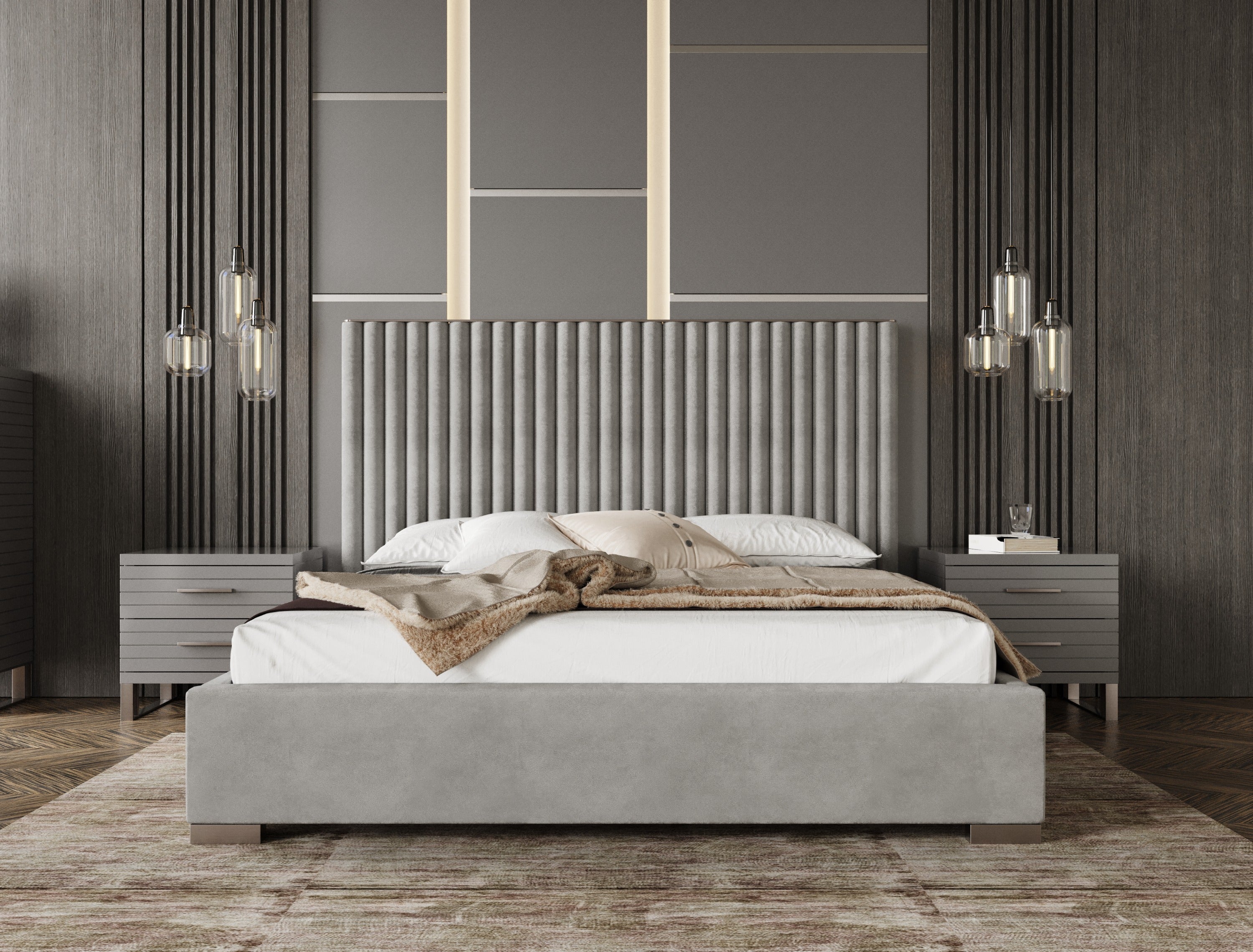 Modrest Splendor - Silver & Grey Velvet Upholstered Platform Bed Set