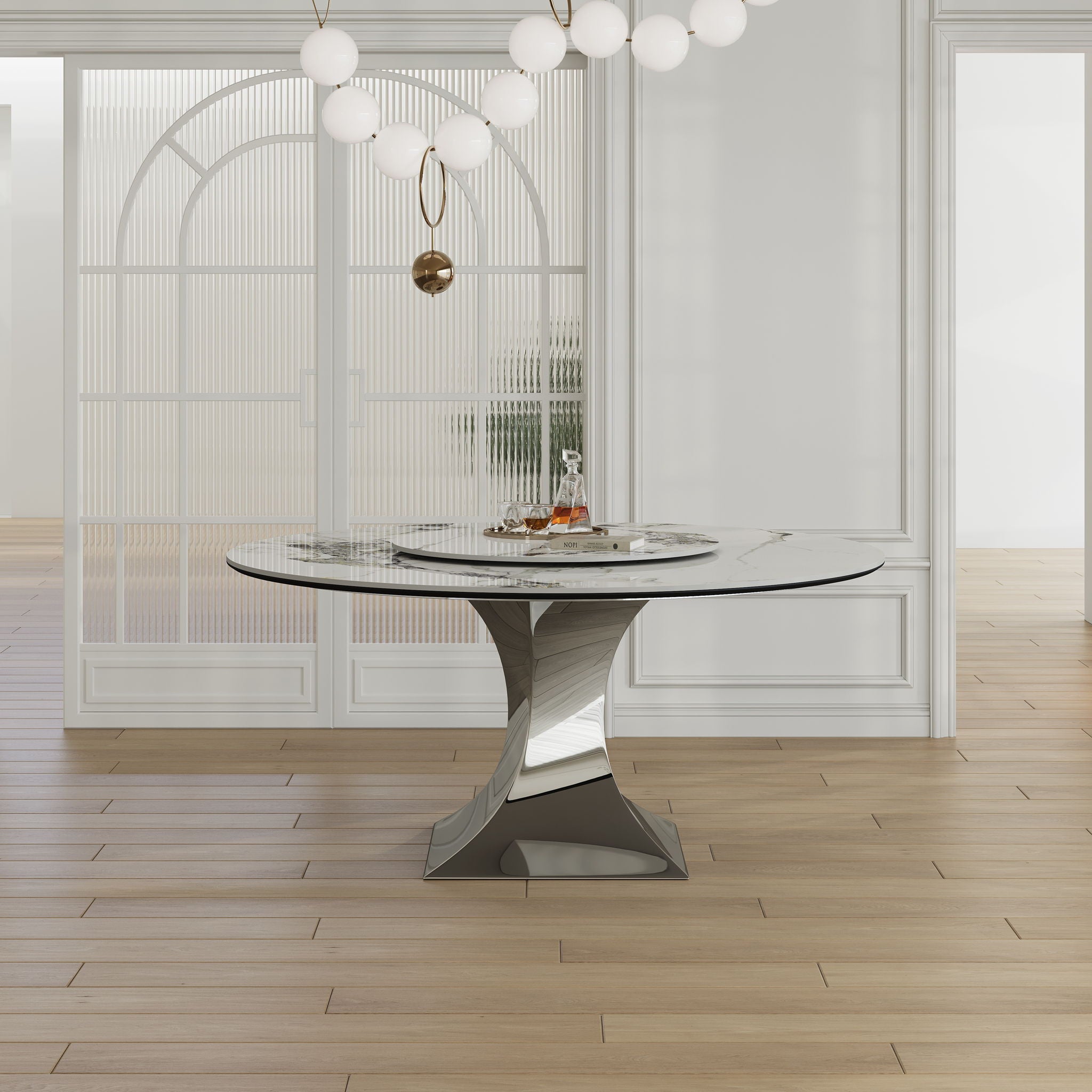 Round Dining Table With 6 Chairs Set - Silver