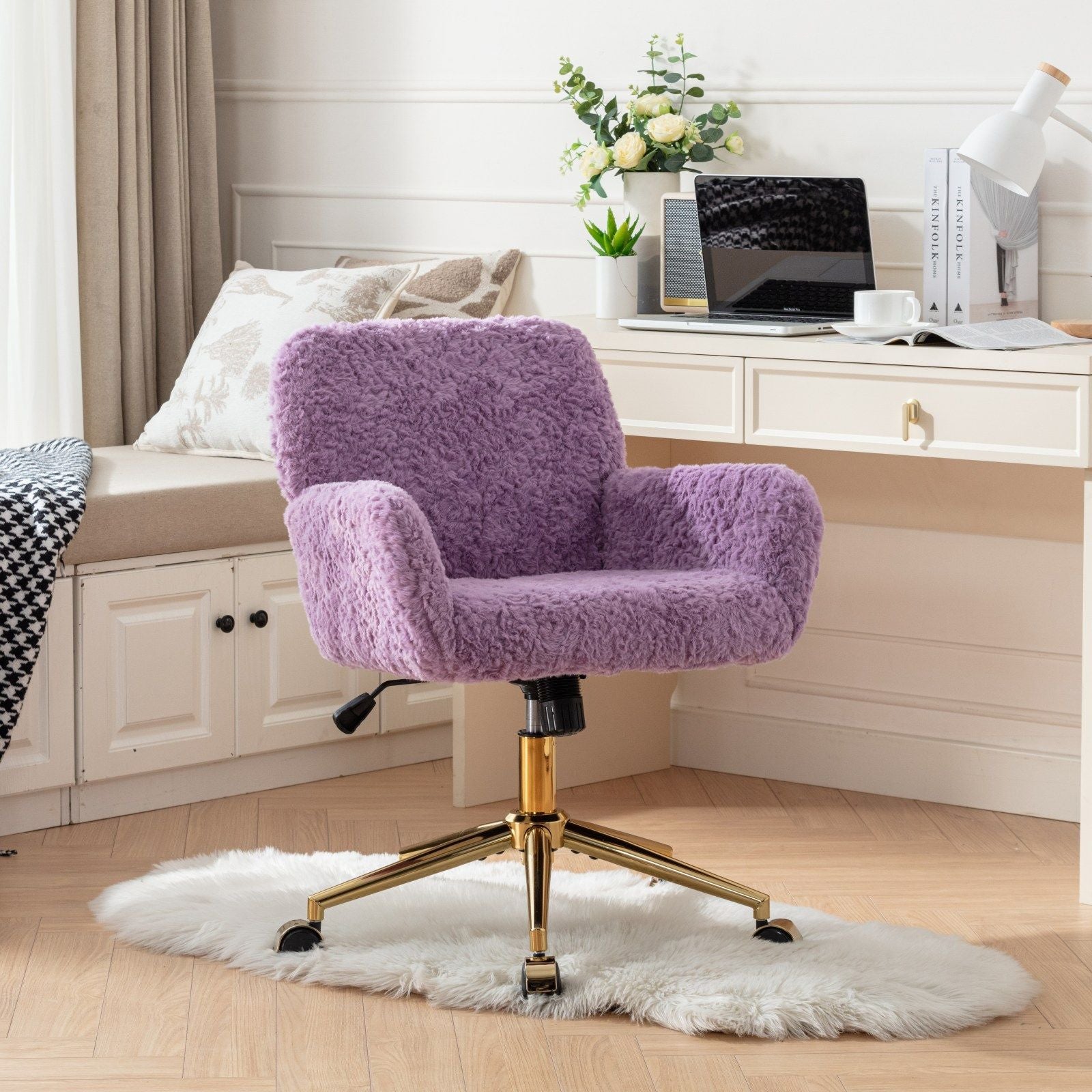 Office Chair, Artificial Rabbit Hair Home Office Chair With Metal Base, Adjustable Desk Chair Swivel Office Chair, Vanity Chair