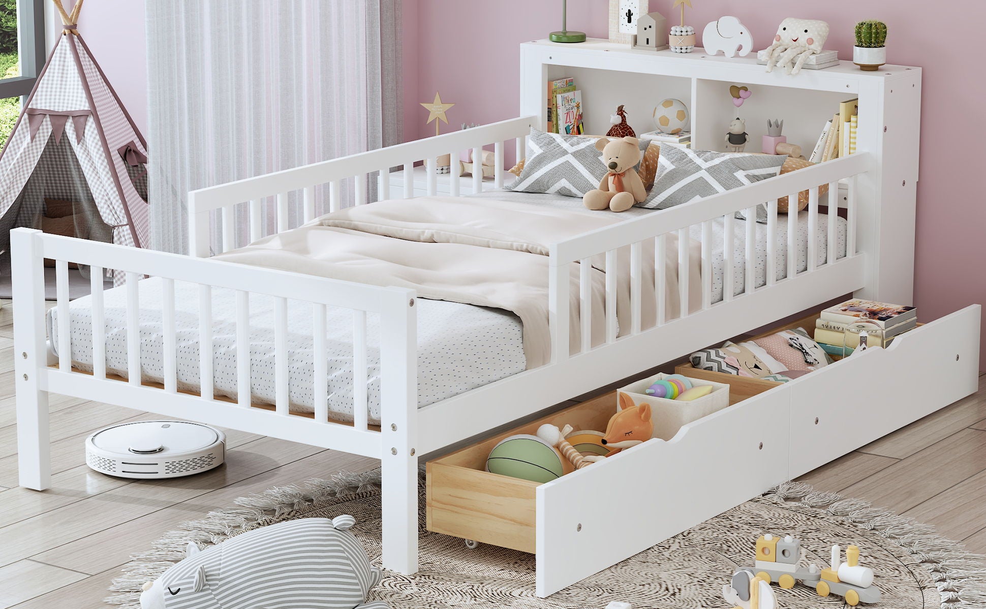 Bed With Headboard Storage Rack, 2 Under Bed Drawers, 3 Side Guardrails For Safety