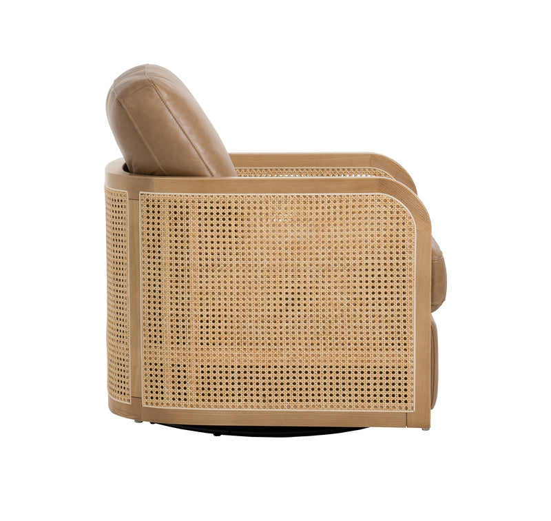 Divani Casa Danson - Modern Tan Leather + Wicker Swivel Accent Chair