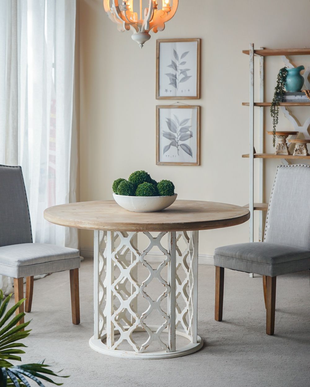 Round Wooden Dining Table With Ornate Cut Out Base - Brown / Antique White