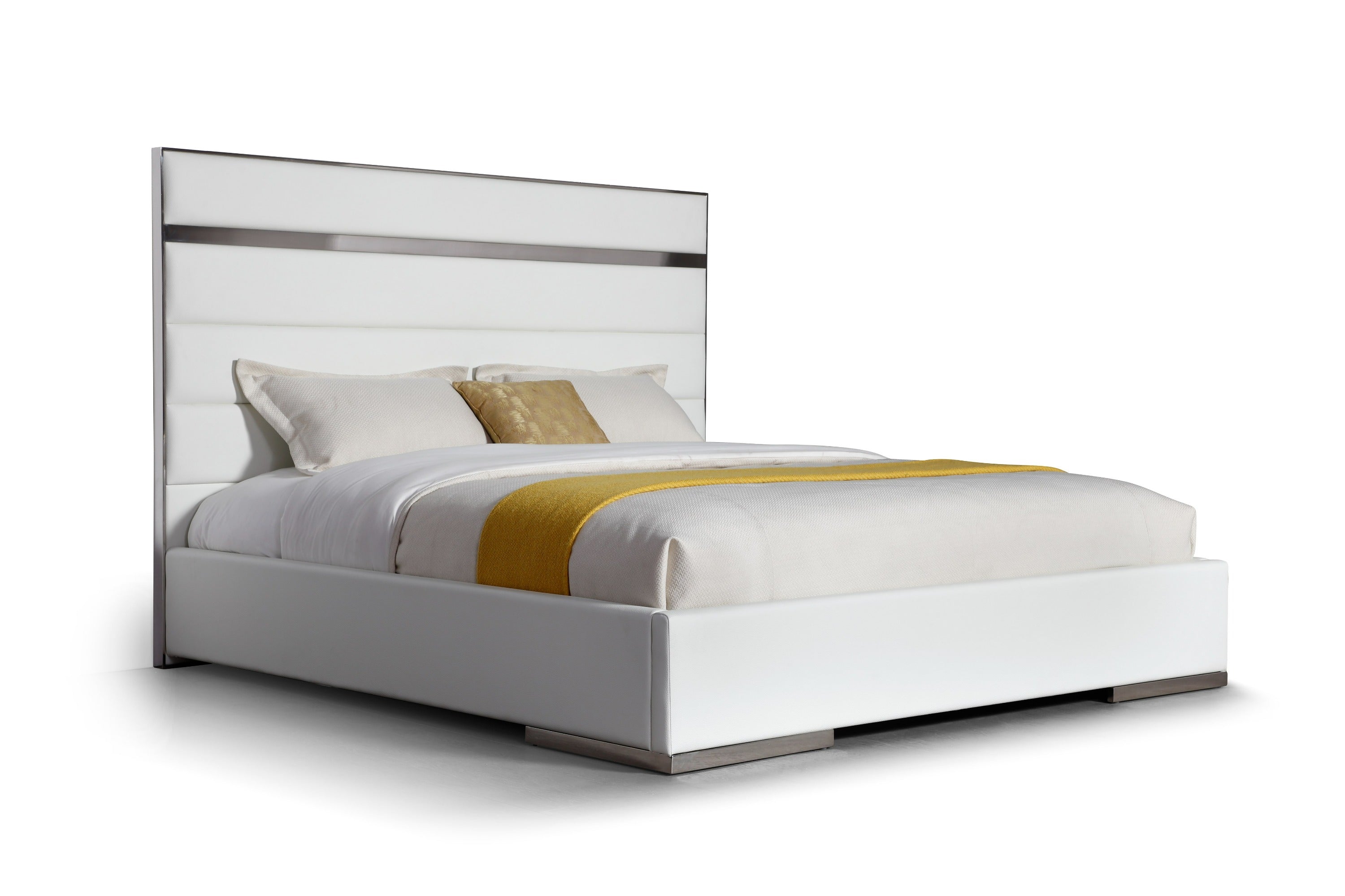 Modrest Cartier - Modern White Vegan Leather + Stainless Steel 4-Piece Bedroom Set