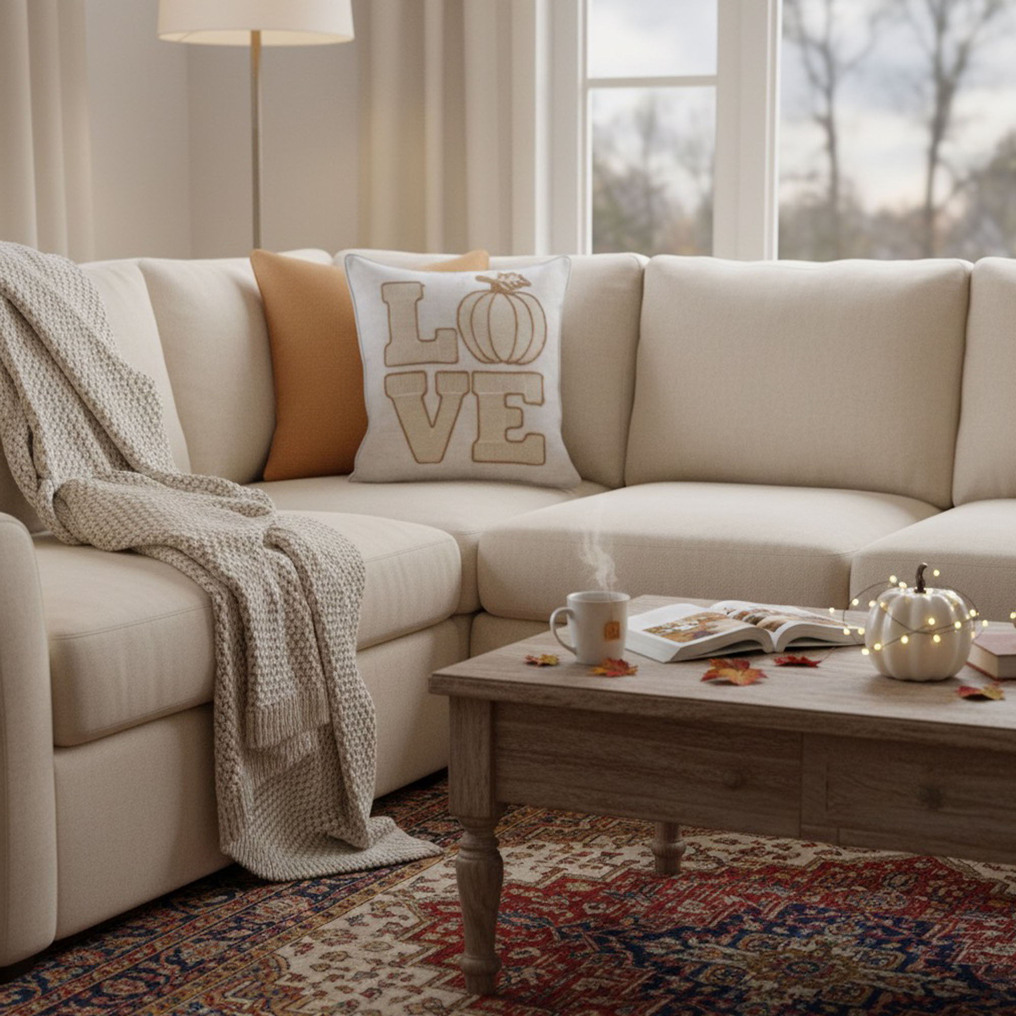 Love Pumpkin Embroidered Throw Pillow - Natural