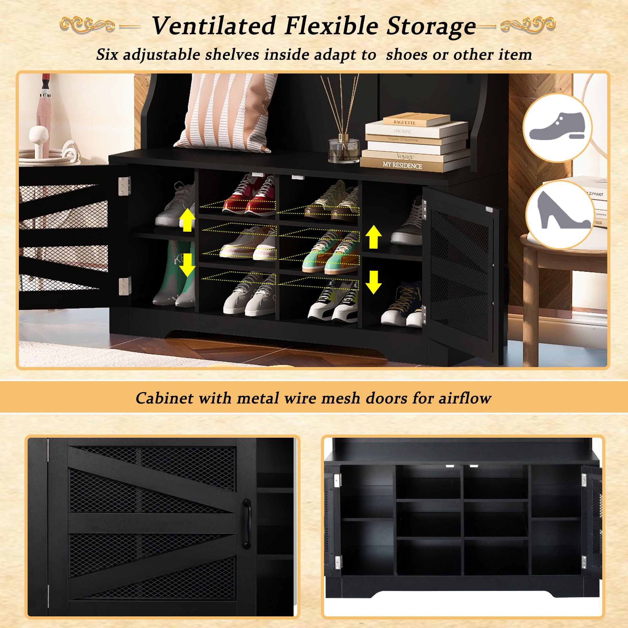 Entryway Bench With Coat Rack, 3 In 1 Design And Adjustable Shelves