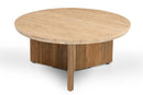 Modrest Pawnee - Modern Travertine Marble + Wood Round Coffee Table