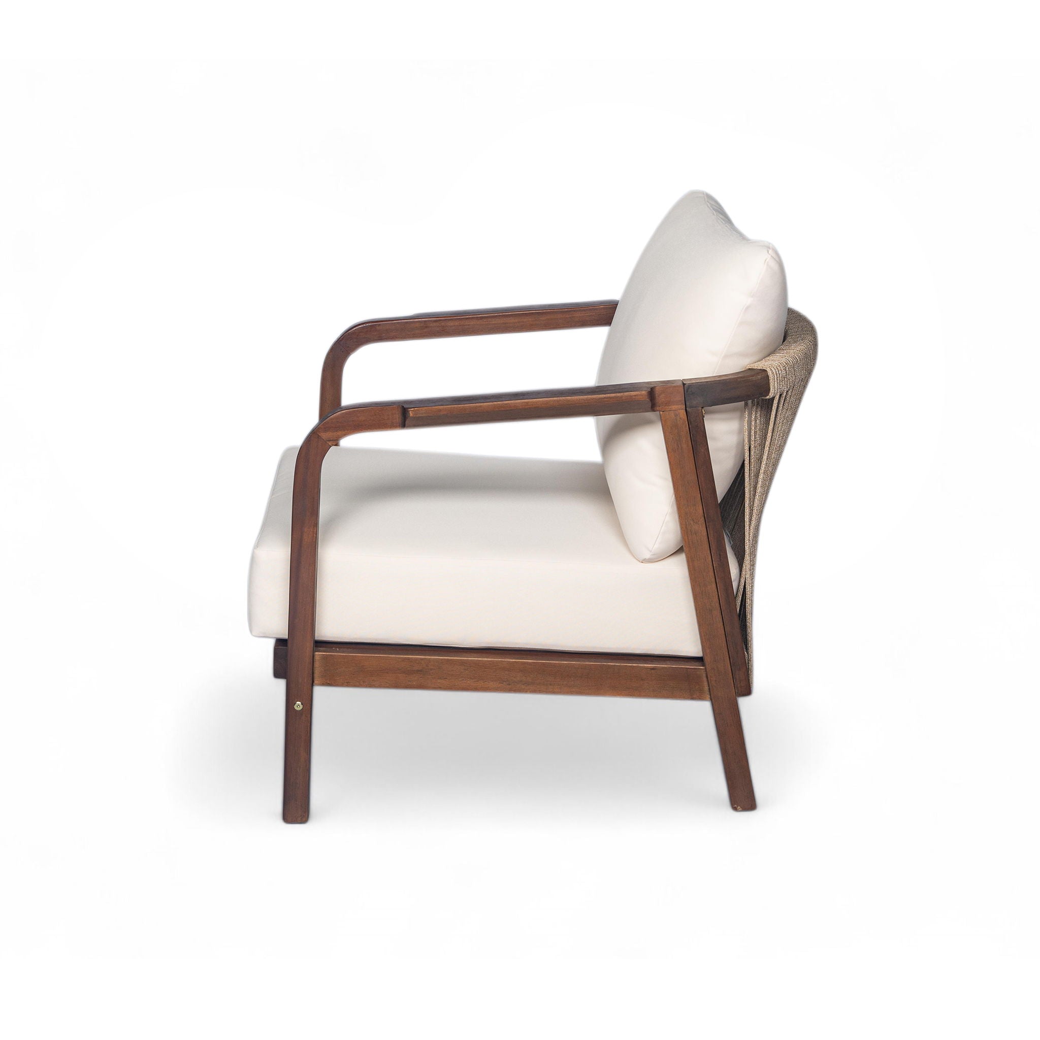 Outdoor Lounge Chair With Woven Backrest, Solid Wood Frame, Comfortable Cushions