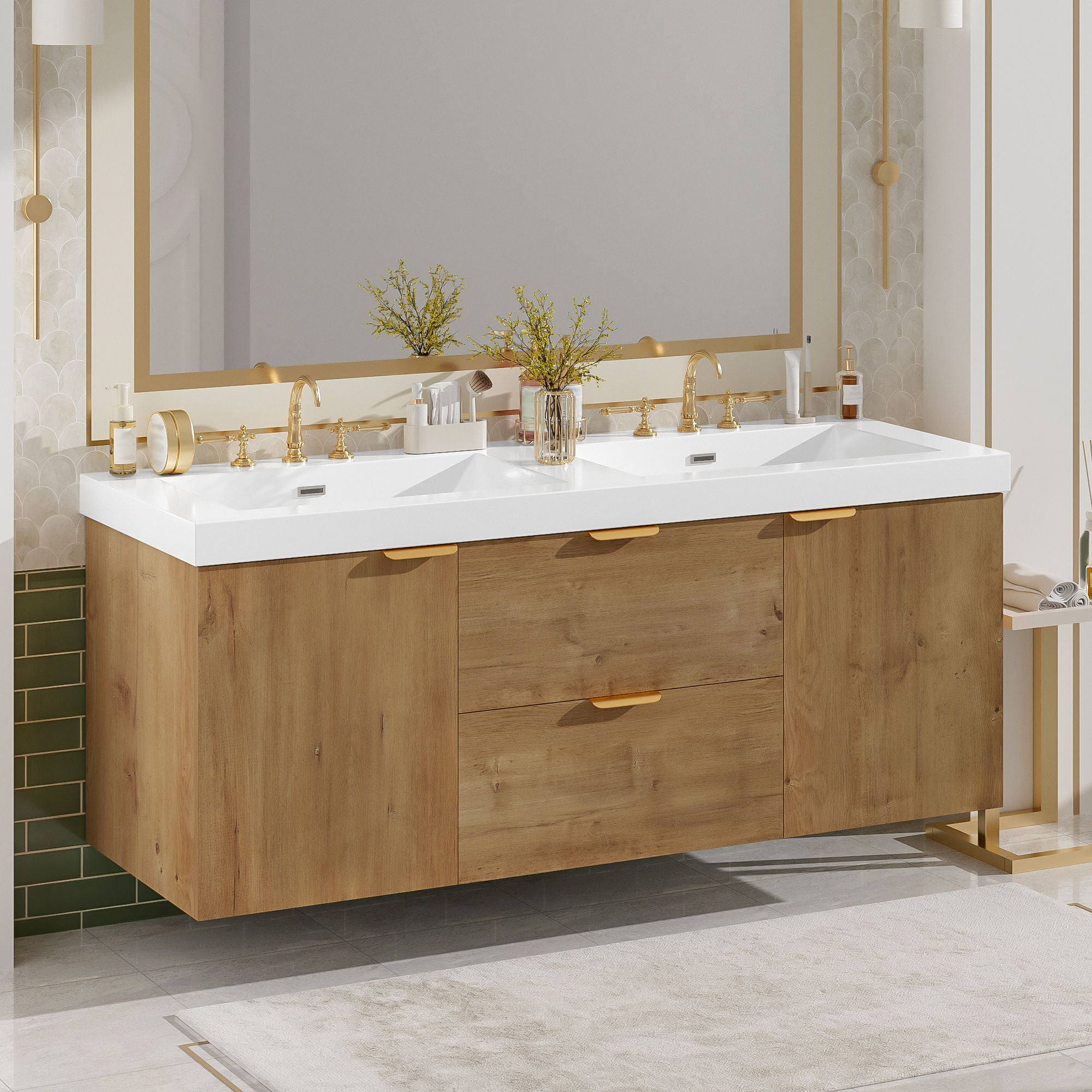 Double Sink Bathroom Vanity Soft Close Doors, Divided Drawers, Wall Mounted - Wood