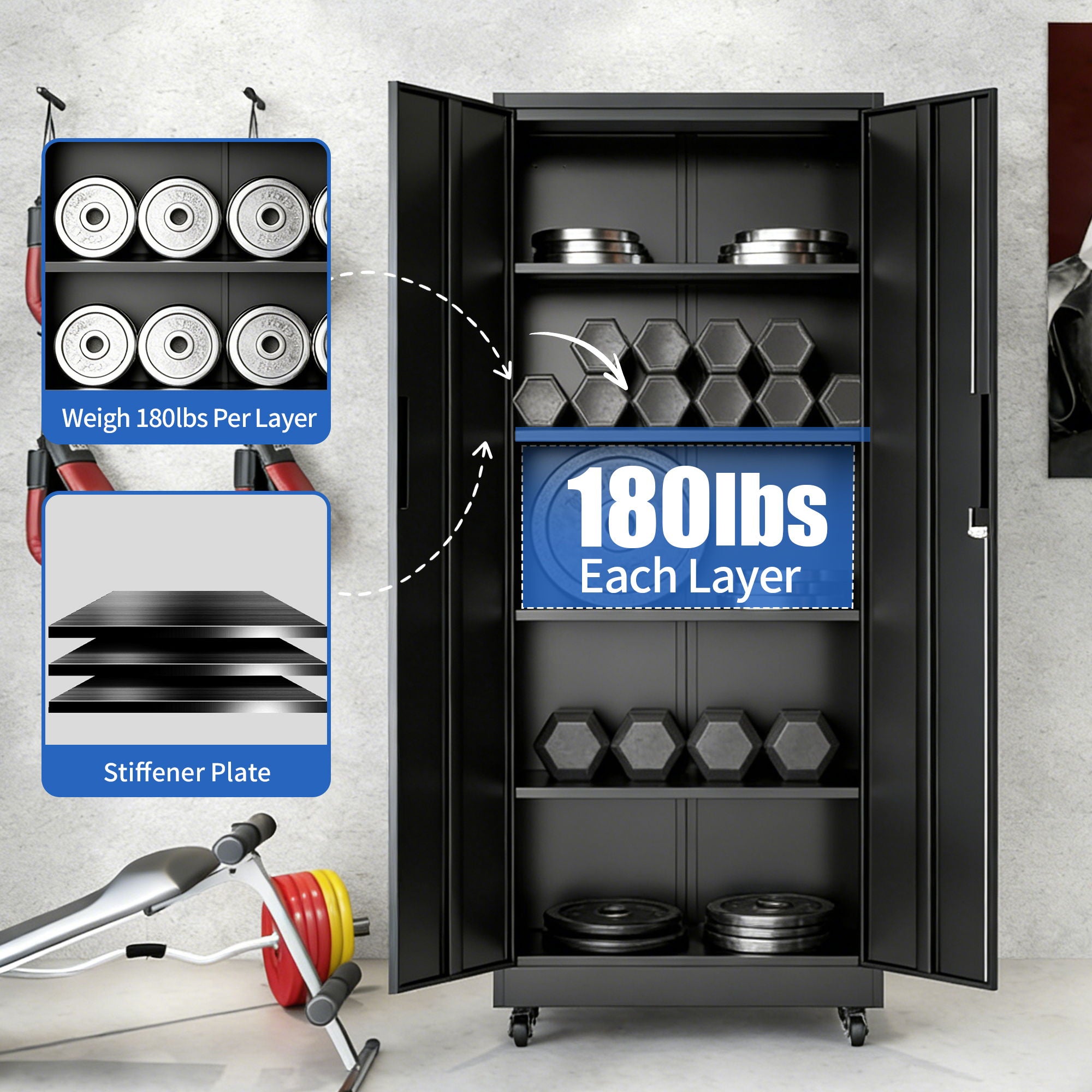 Heavy Duty Rolling Cabinet With Lock, Garage Storage Cabinet, 4 Adjustable Shelves For Tool Organization