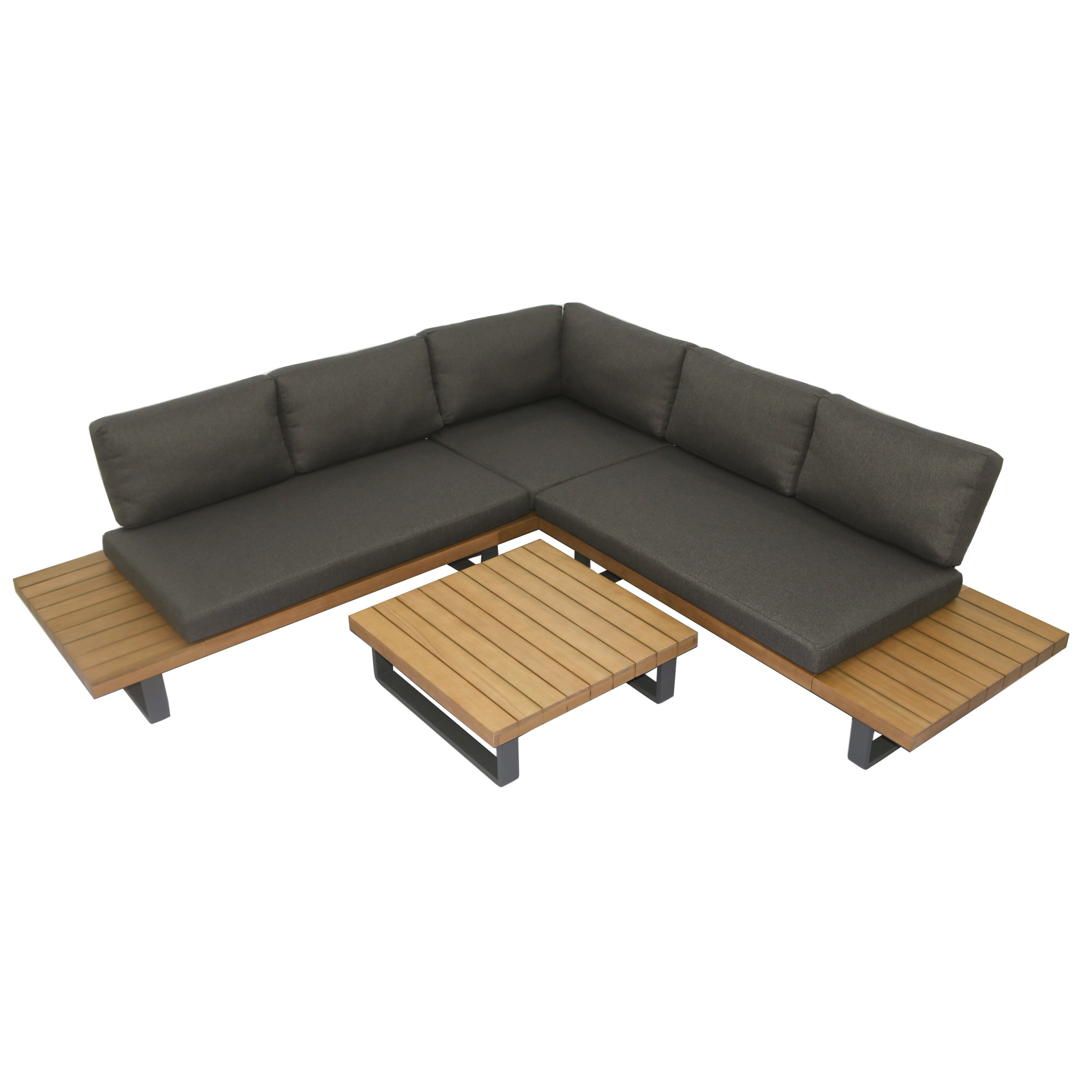 Renava Skaros - Outdoor Grey Olefin Fabric + Eucalyptus Sectional Sofa + Coffee Table Set