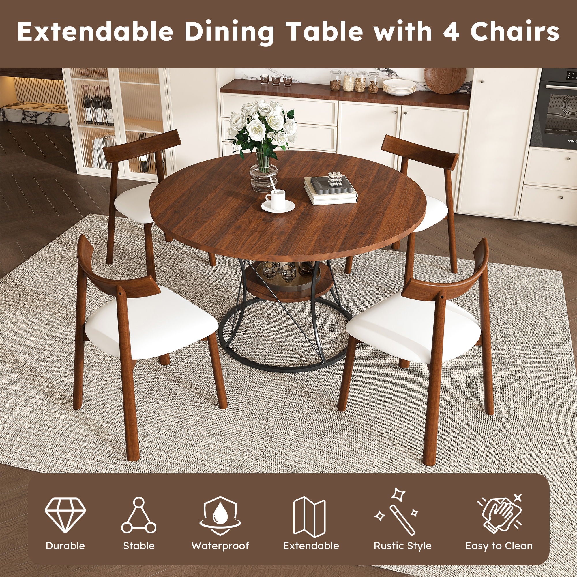 Round Extendable Dining Table Set With Chairs