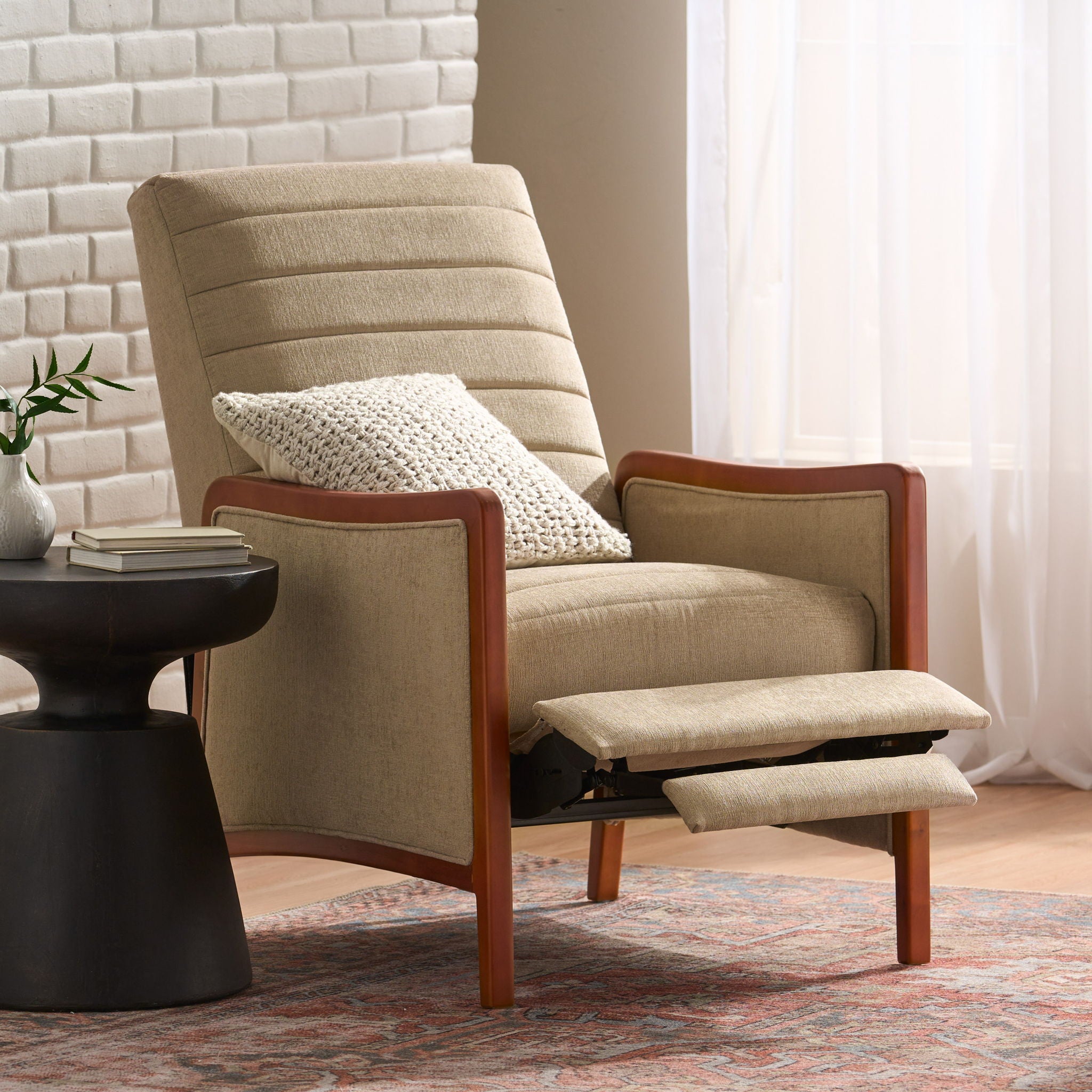 Mid Century Modern Fabric Channel Stitch Wood Pushback Recliner
