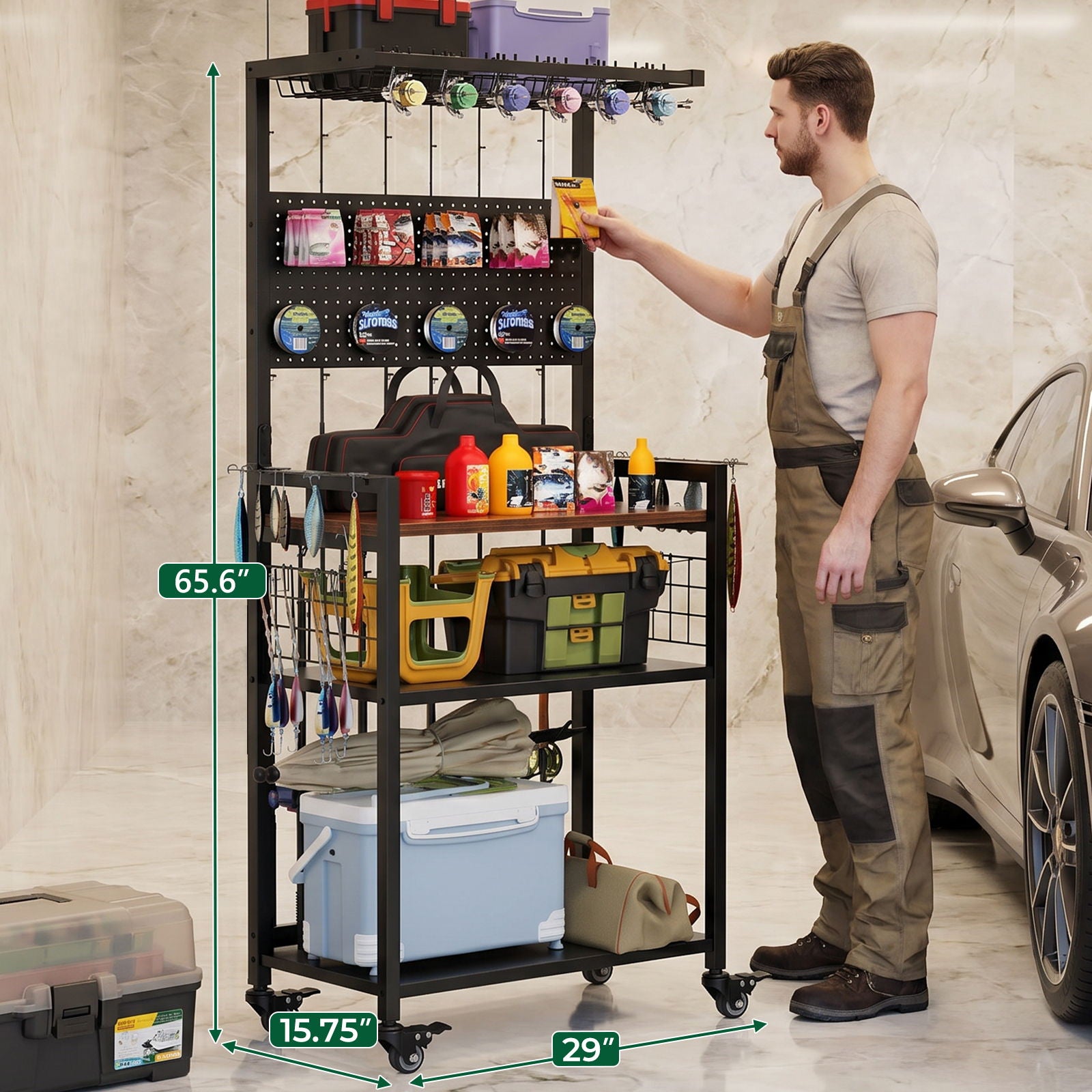 Fishing Rod Storage Rack With Pegboard, Rolling Tackle Organizer Cart - Black