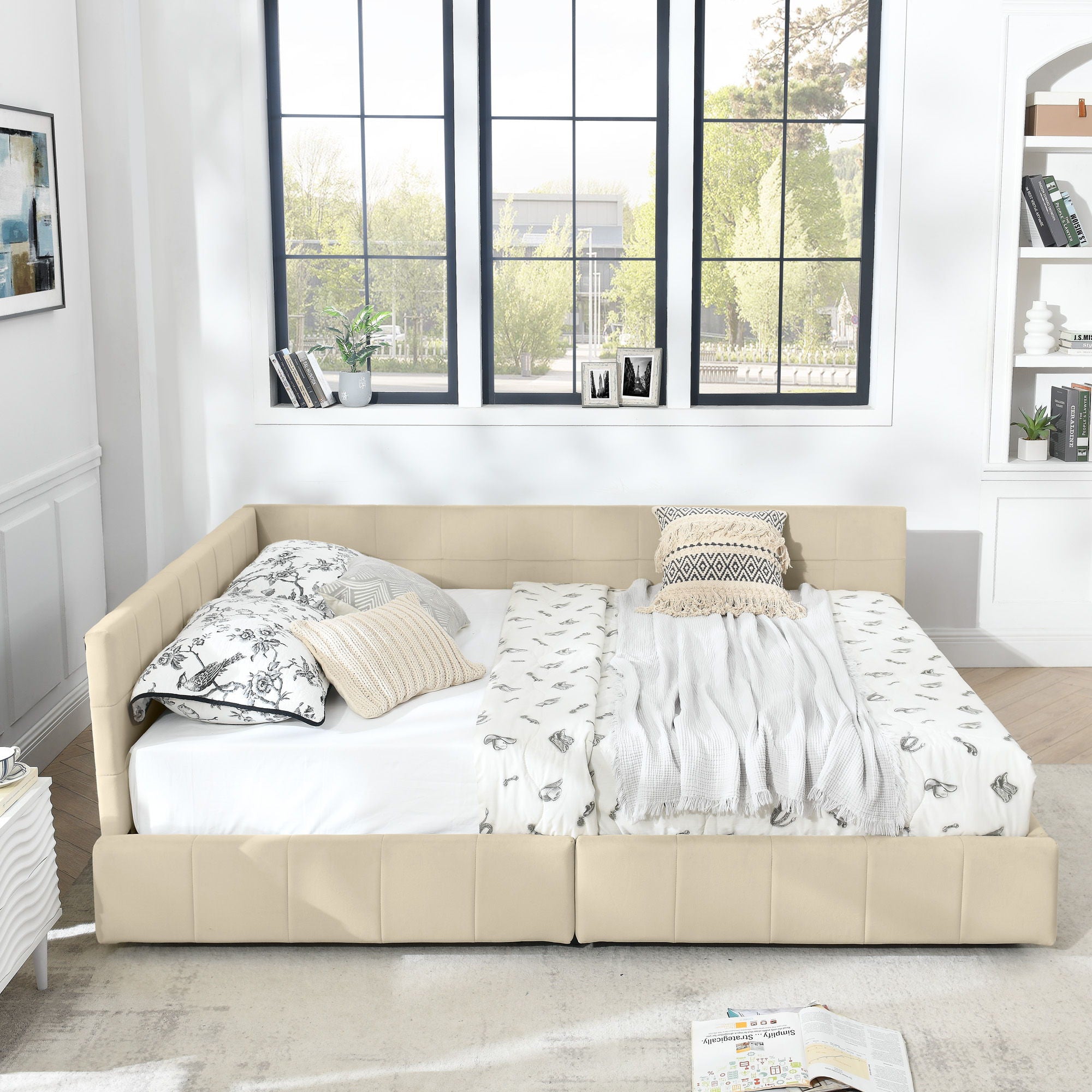 Mid-Century Storage Upholstered Tufted Bed Frame With Backrest And Armrests