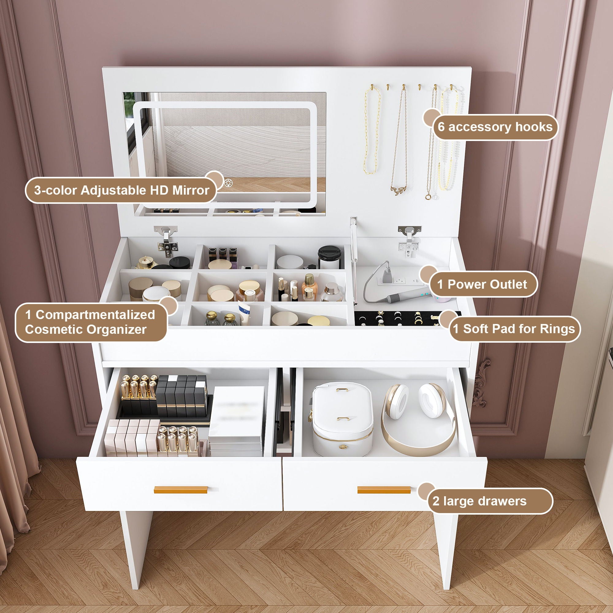 Flip Top Vanity Desk With LED Mirror & Outlet Makeup Table With 2 Drawers, Open Storage, And Jewelry Hooks - White