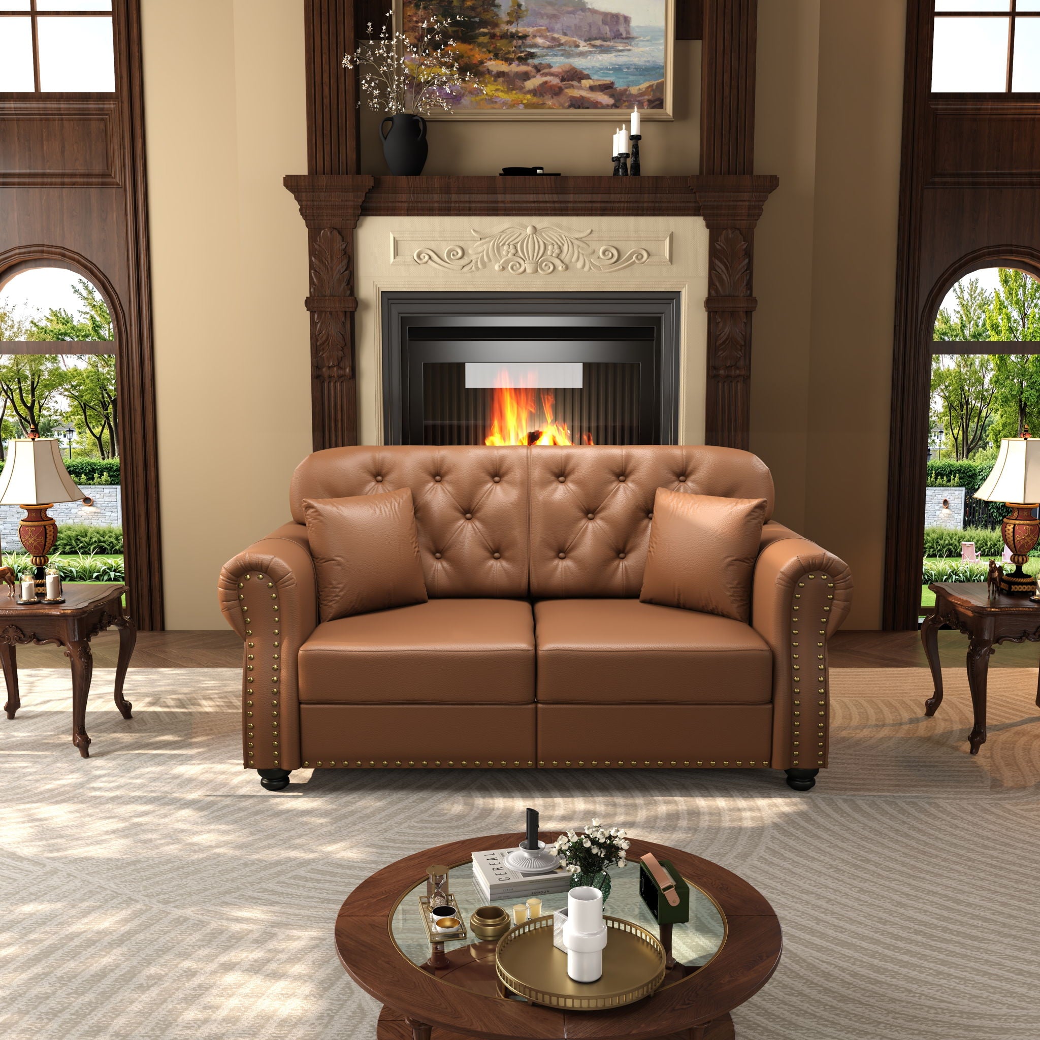 Upholstered Sofa With Nailhead Trim, Rolled Armrests With Ottoman