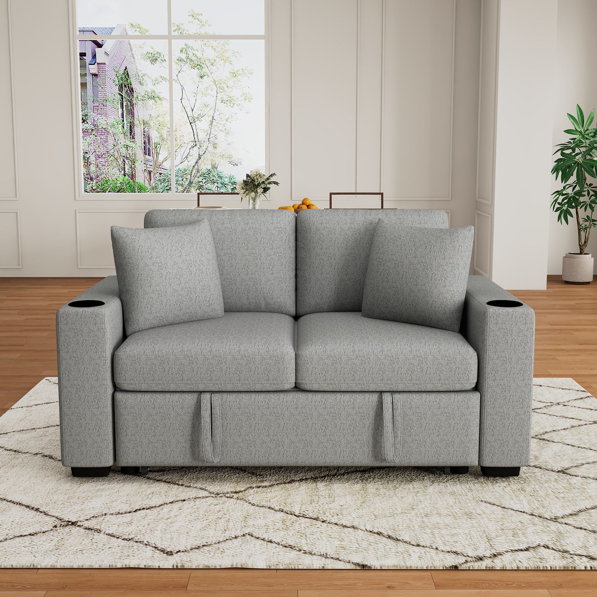Modern 2 Seater Loveseat Sofa With Pull-Out Bed, Fabric, Built-In USB Ports & Cup Holders