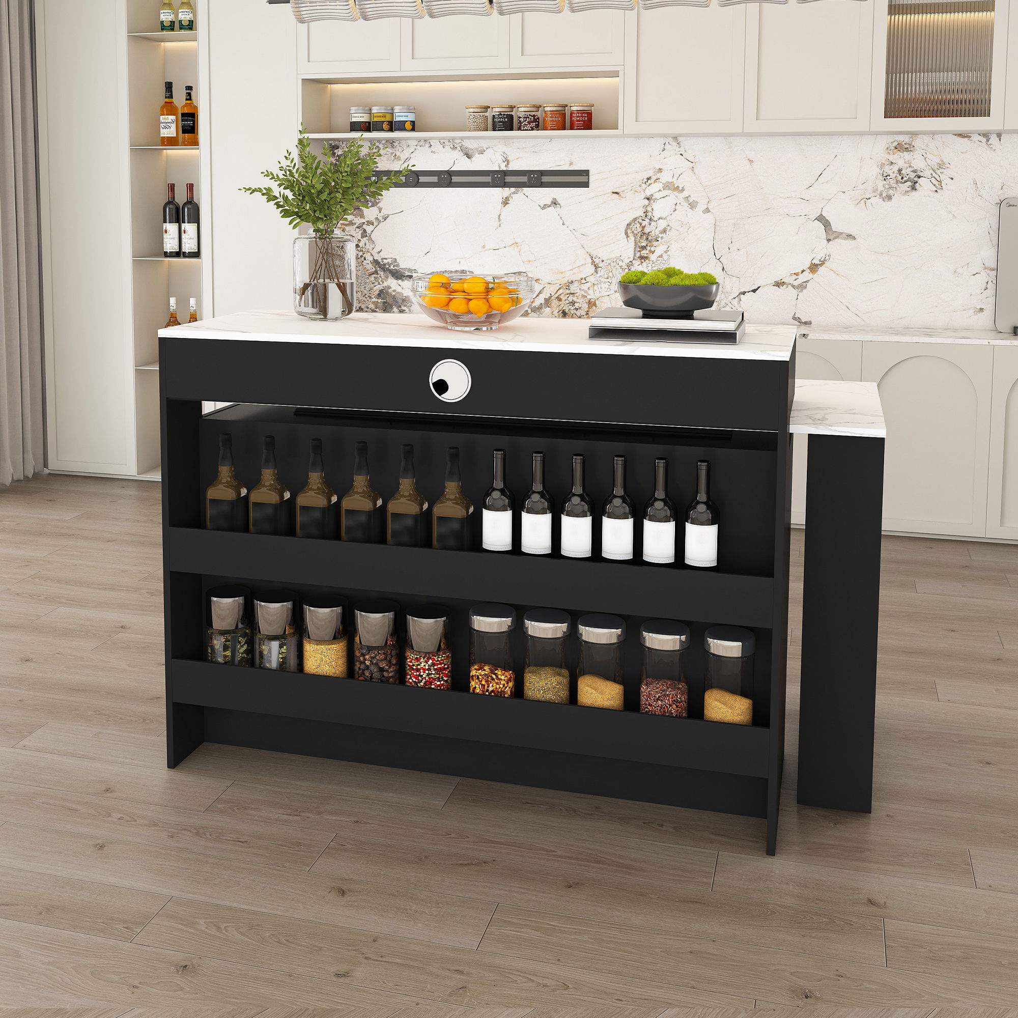 Retro Kitchen Island Set With Chairs, Extendable & Rotating Table, 4 Drawers & Door Cabinets