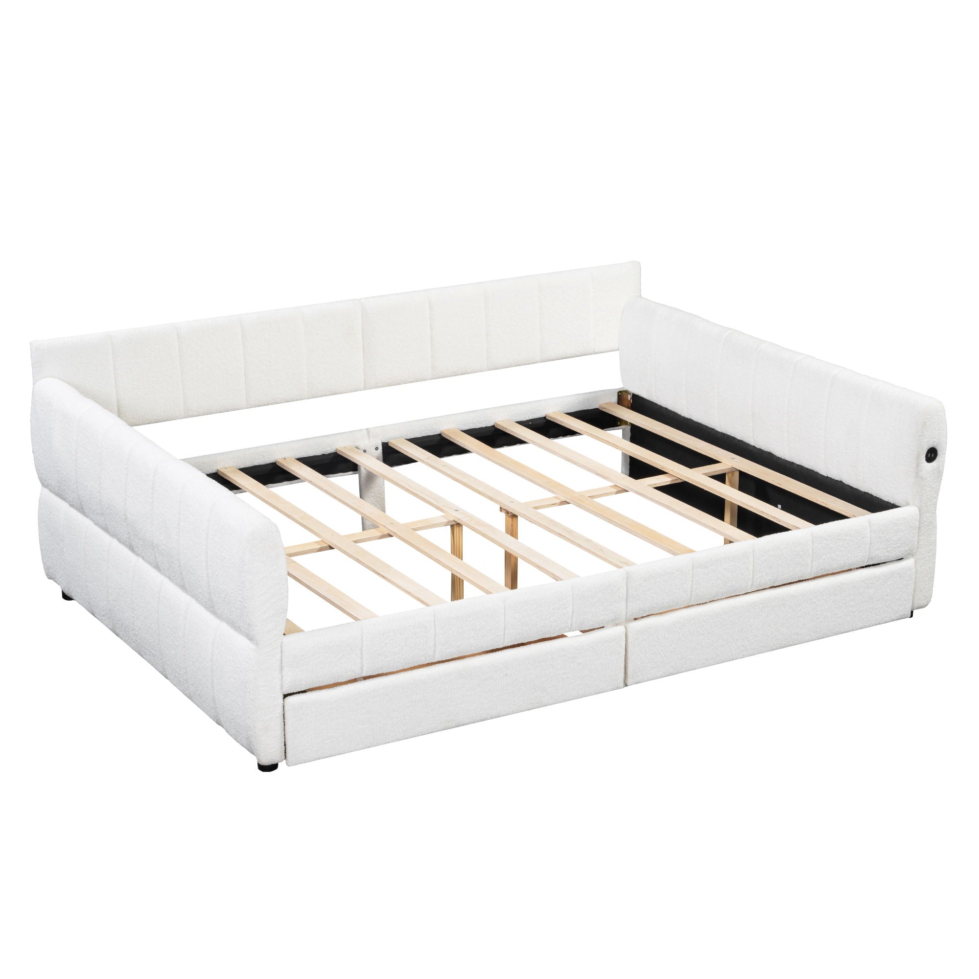Queen Upholstered Platform Bed With USB Charging And 2 Storage Drawers - White