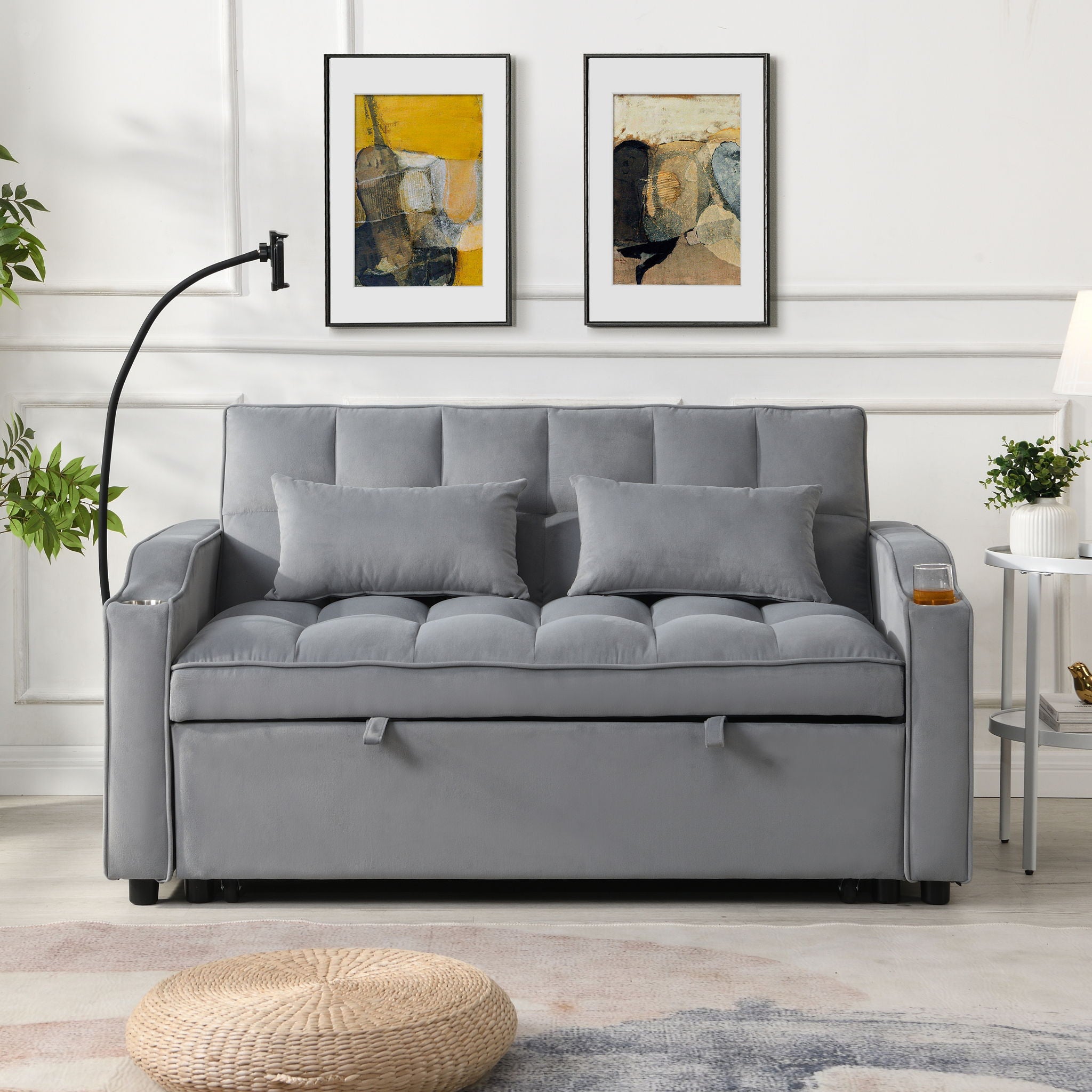 Modern Loveseat Futon Sofa With Pullout Bed, Adjustable Reclining Backrest, Toss Pillows