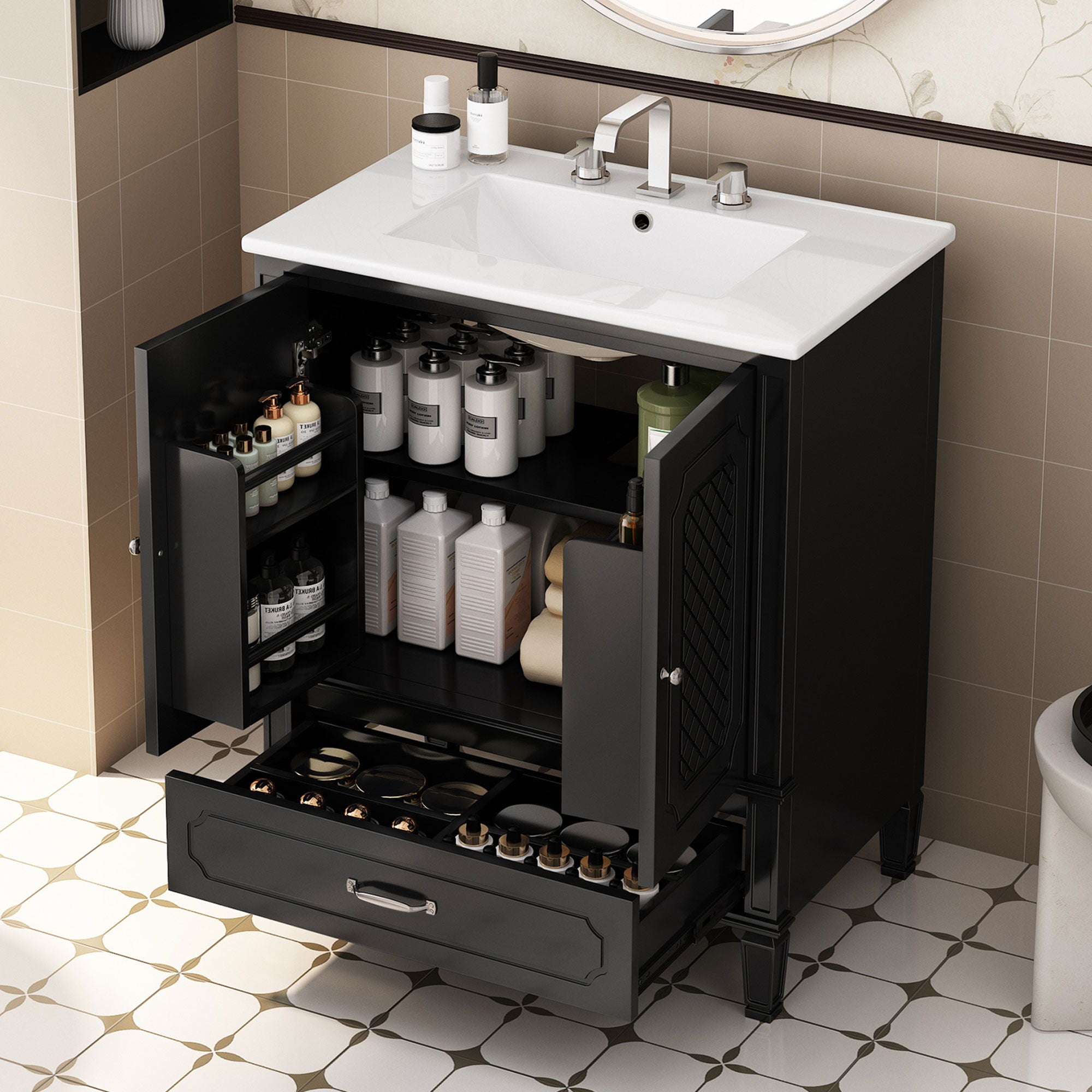 Vintage Style Bathroom Vanity With Sink, Multi Functional Storage, Soft-Closing Door