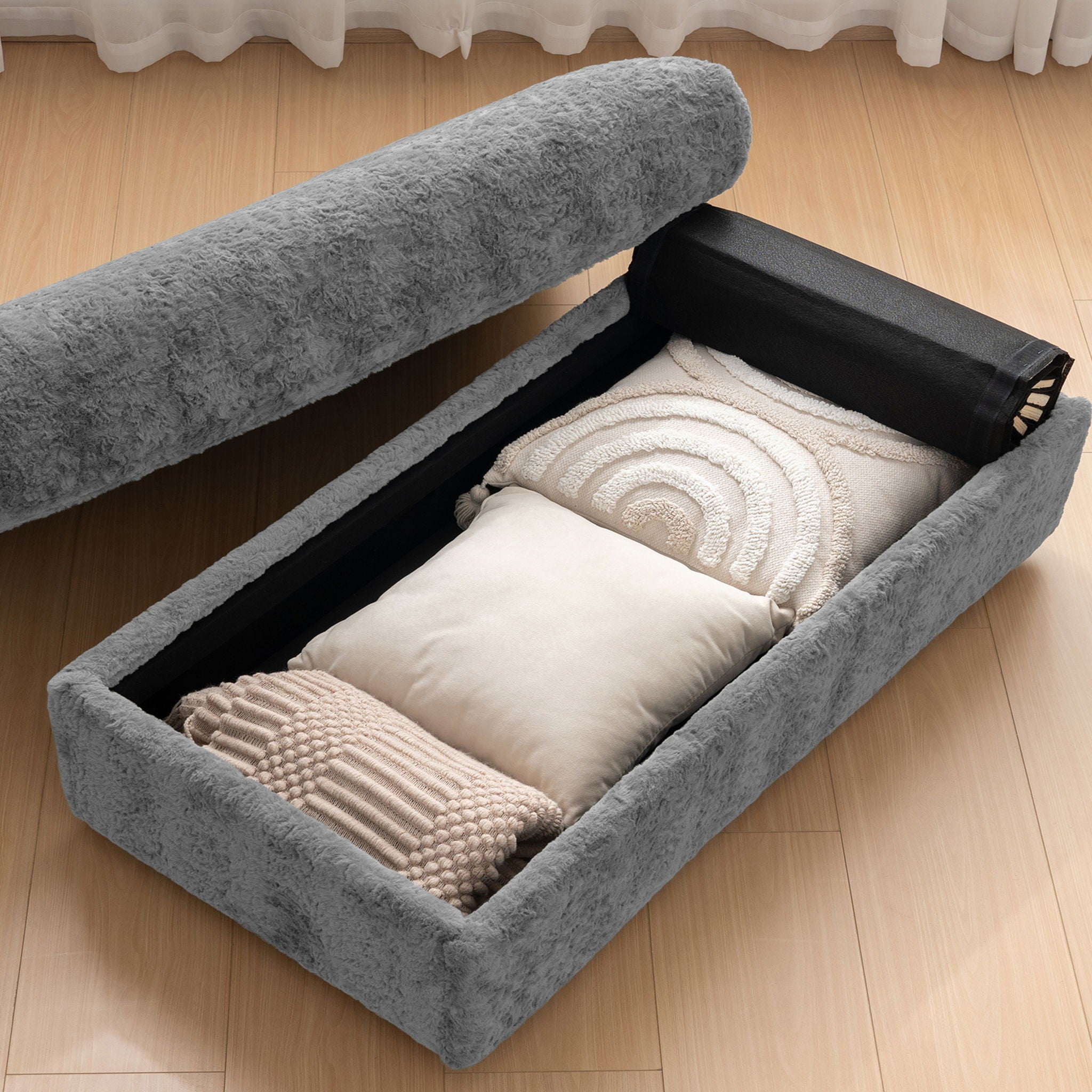 Oversized Chaise Lounge Indoor Rabbit Fur Sofa Bed With Storage Ottoman And Armrests Cup Holders With Deep Seat