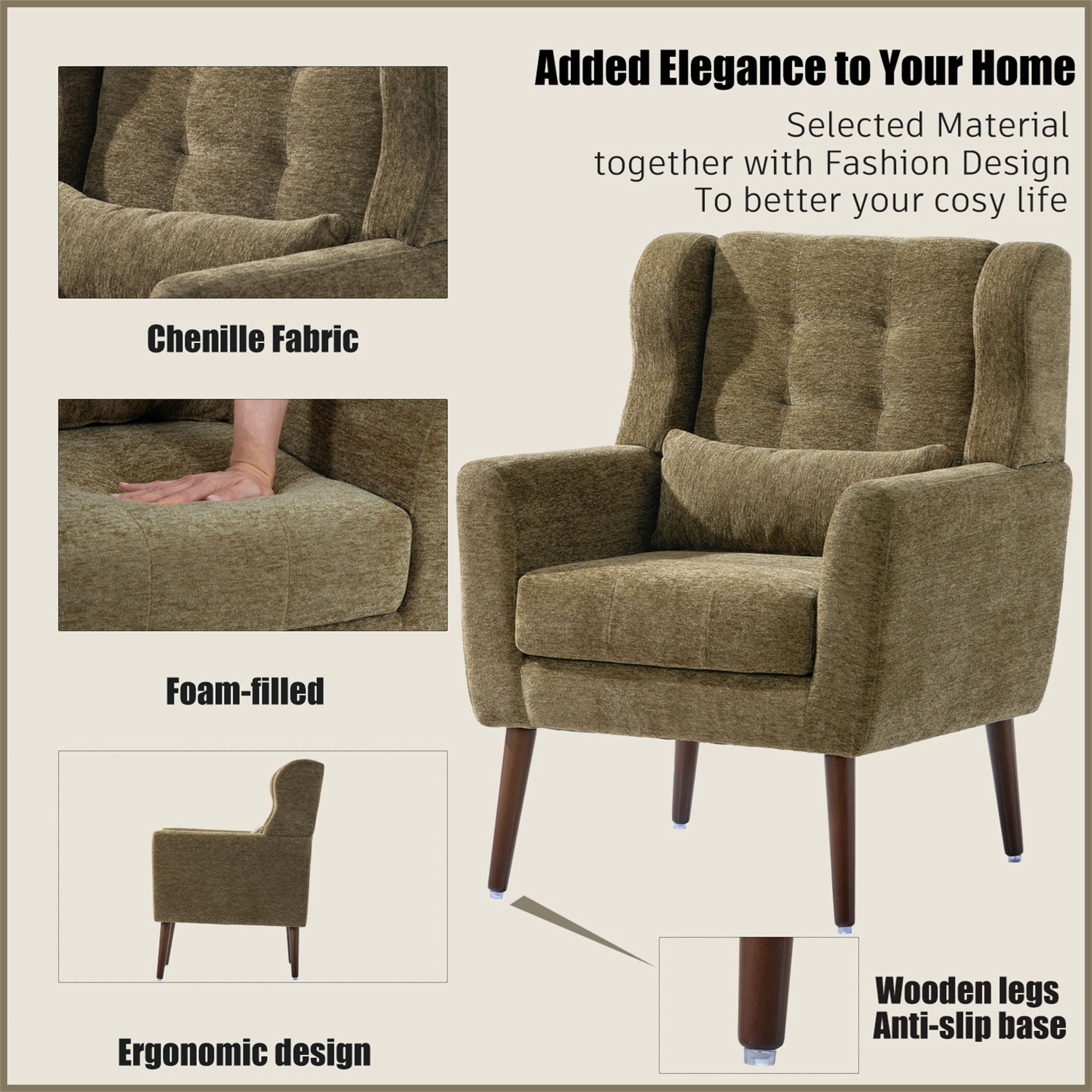 Modern Accent Chair, Arm Chairs For Living Room, Upholstered Mordern Armchair, Comfy Soft Padded Lounge Chair In Small Space, Bedroom, With Pillow, Solid Wood Leg