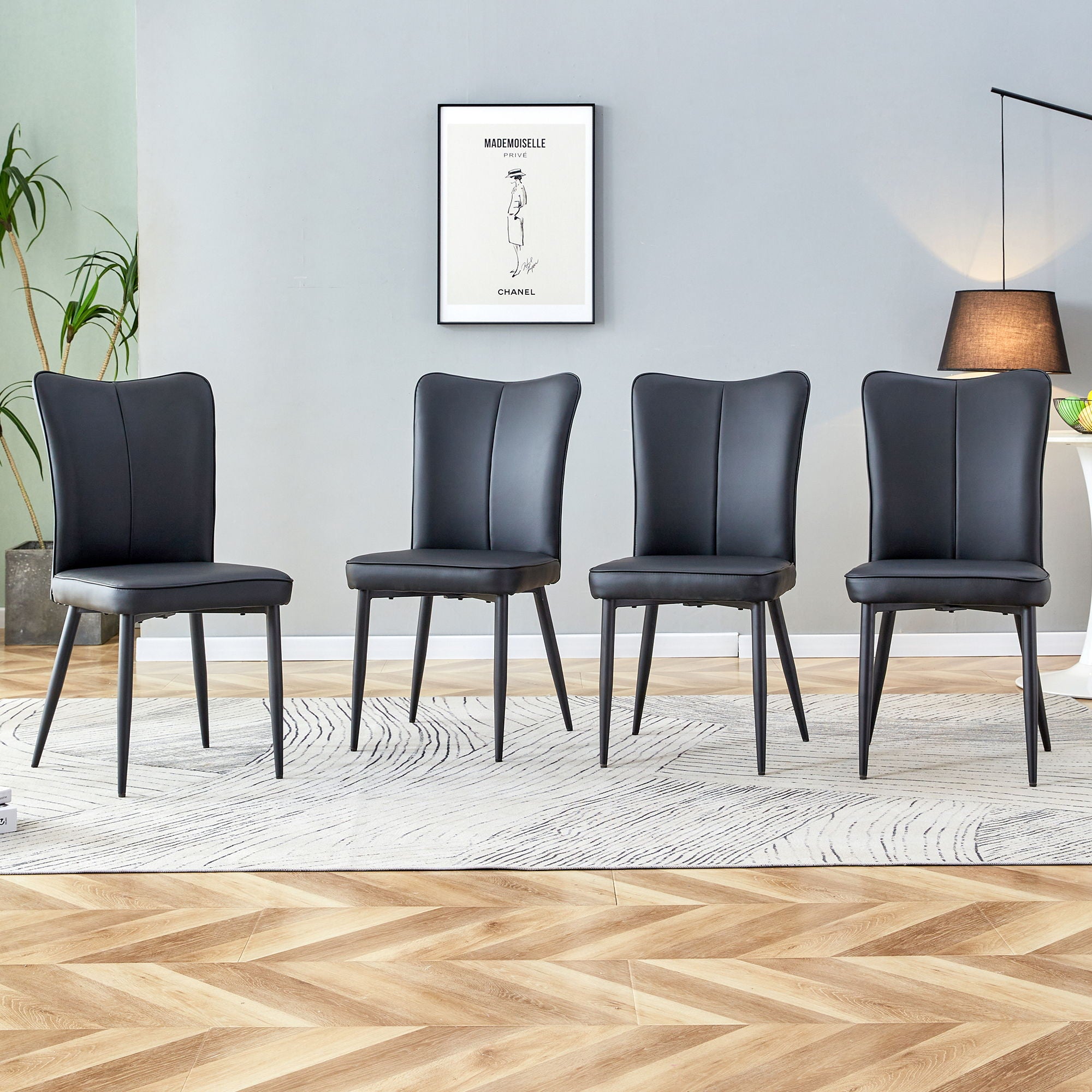 Modern Chair Set 4 Pieces With Vertical Backrest Design For Kitchen And Living Rooms - Black
