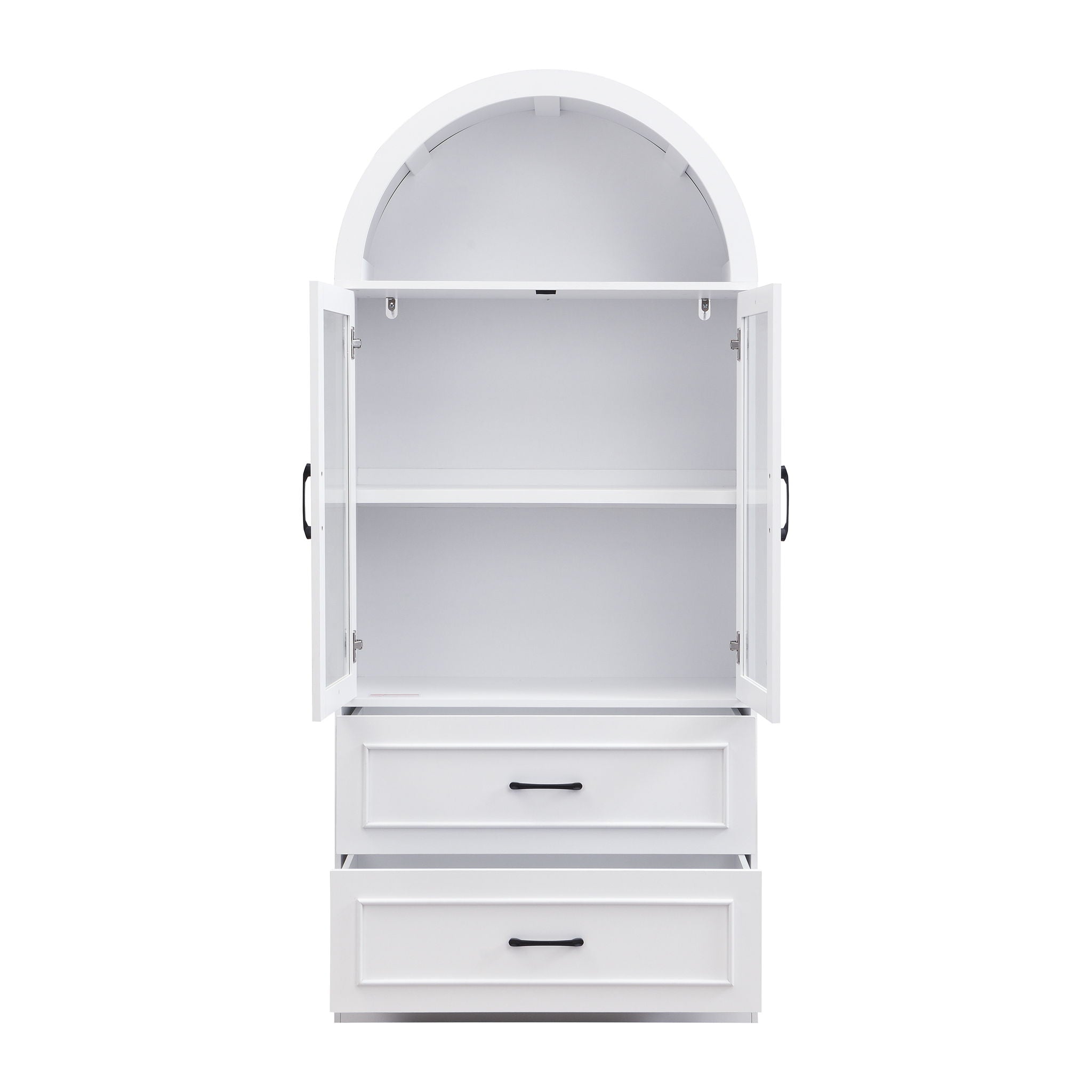 Arched Top Storage Cabinet With Fixed 2 Tier Shelves, 2 Large Drawers