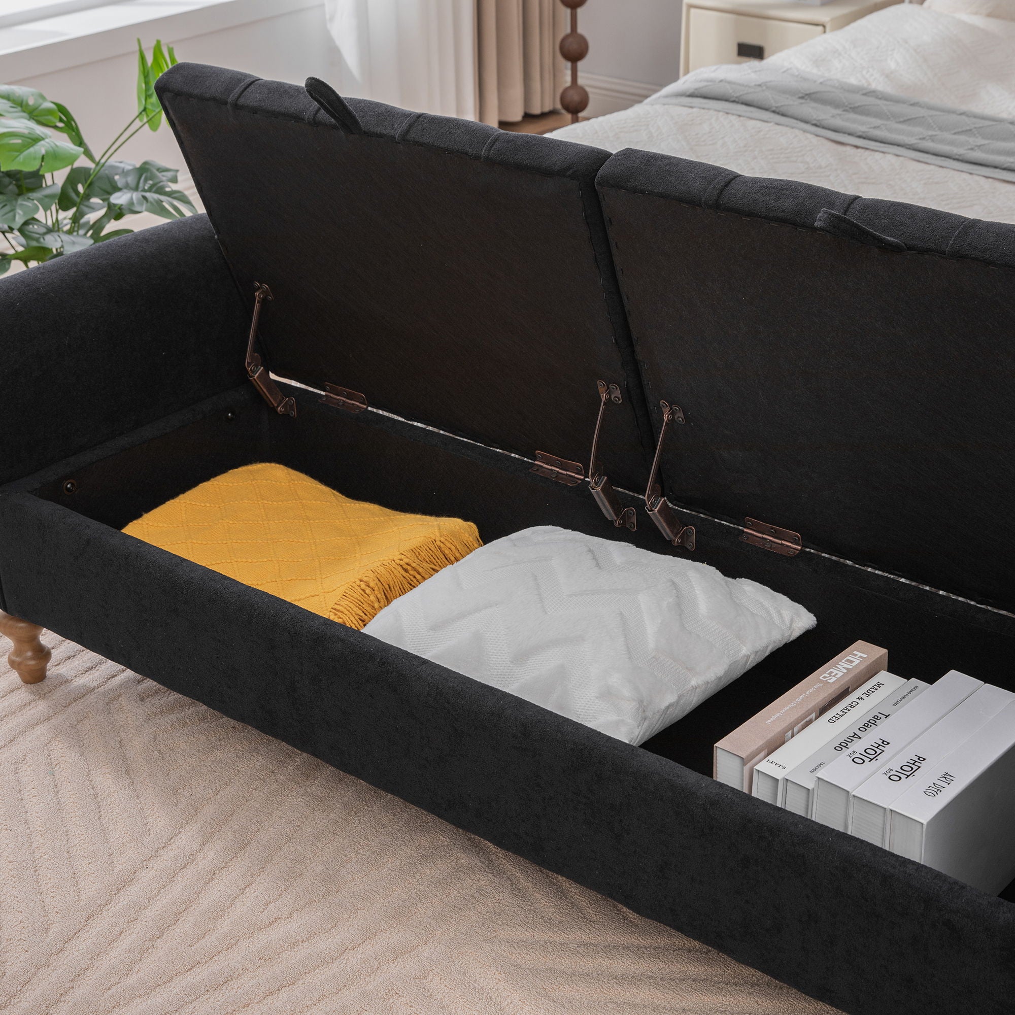 Modern Upholstered Storage Bench With Rolled Armrests]