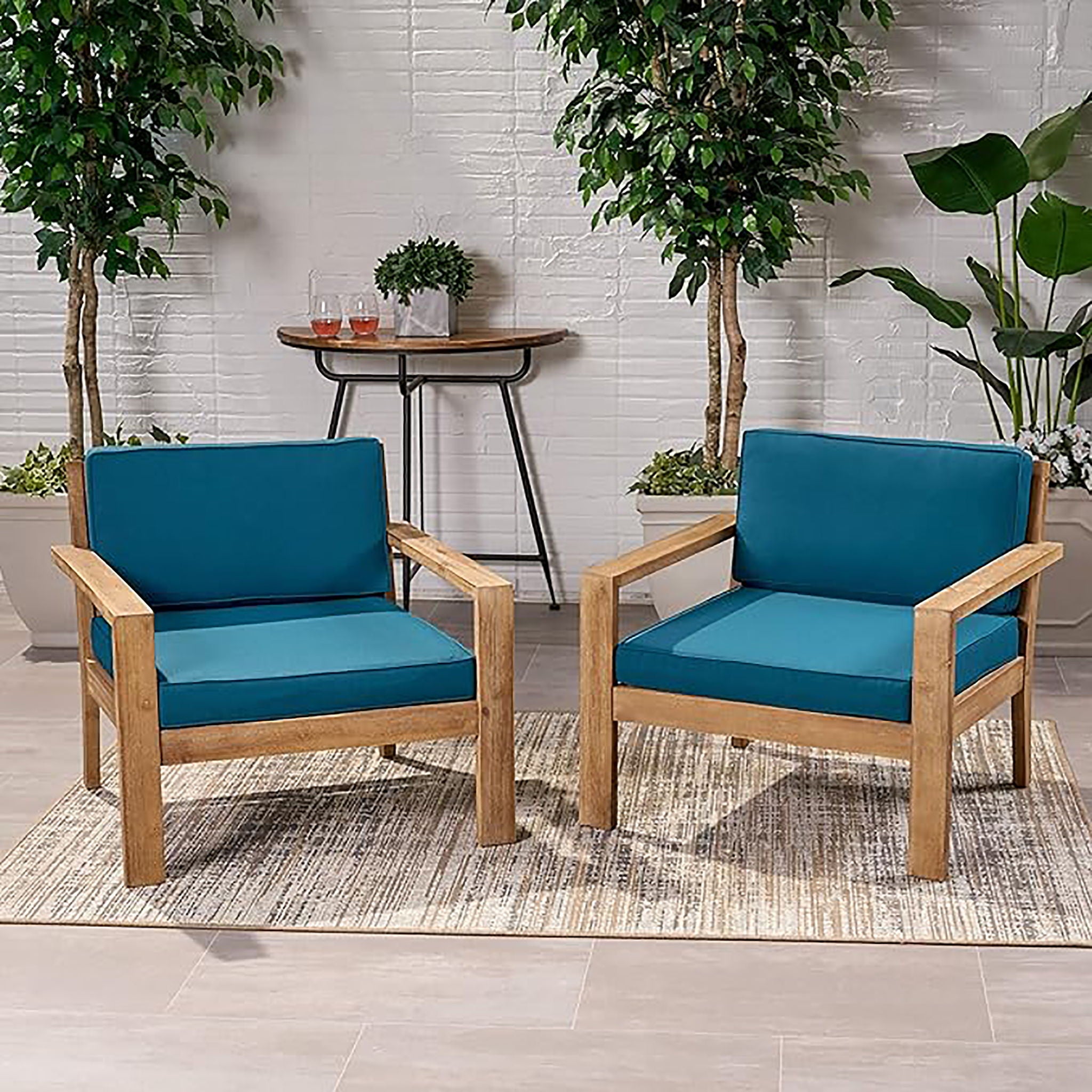Antoine - Outdoor Acacia Wood Club Chairs With Cushions, (Set of 2)
