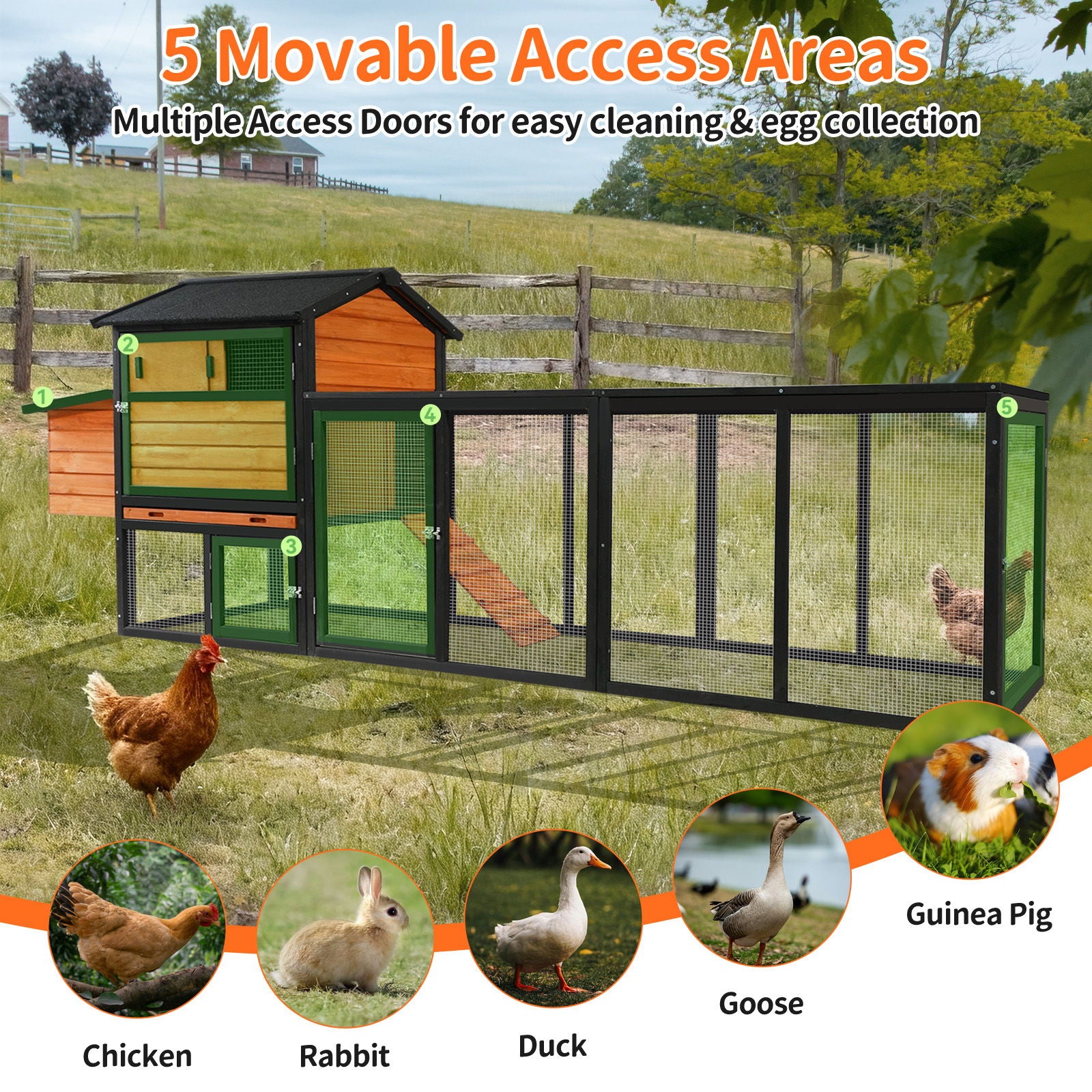 Chicken Coop, Large Outdoor Hen House & Run And Nesting Box Poultry Cage, Rabbit Hutch - Brown / Black