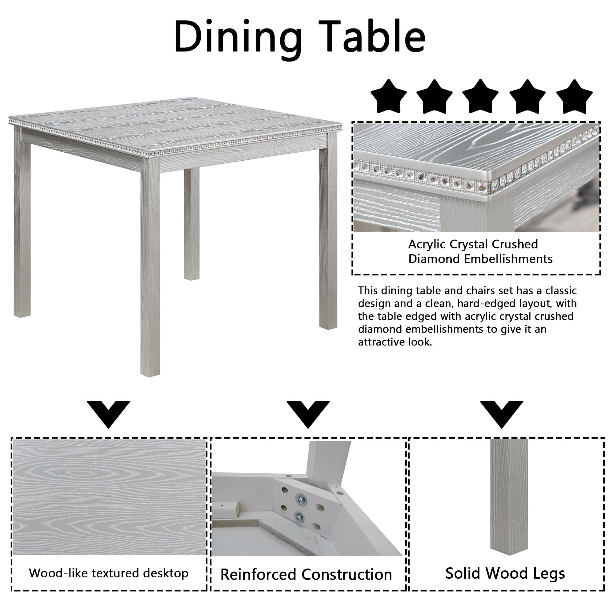 Dining Table Set With Crystal Decoration And Upholstered Chairs