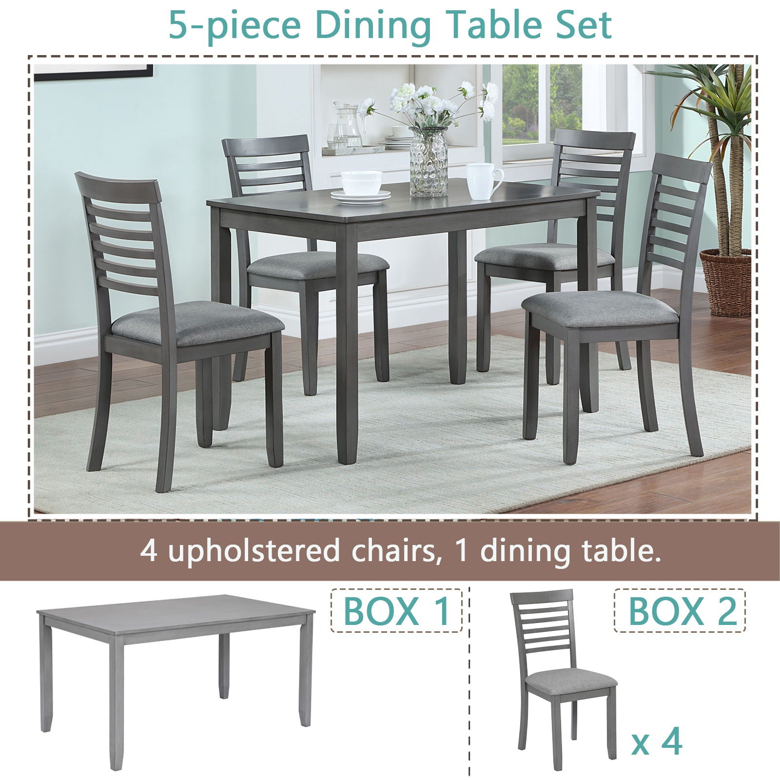 5 Pieces Modern Dining Set, Rectangular Wooden Dining Table With 4 Upholstered Chairs