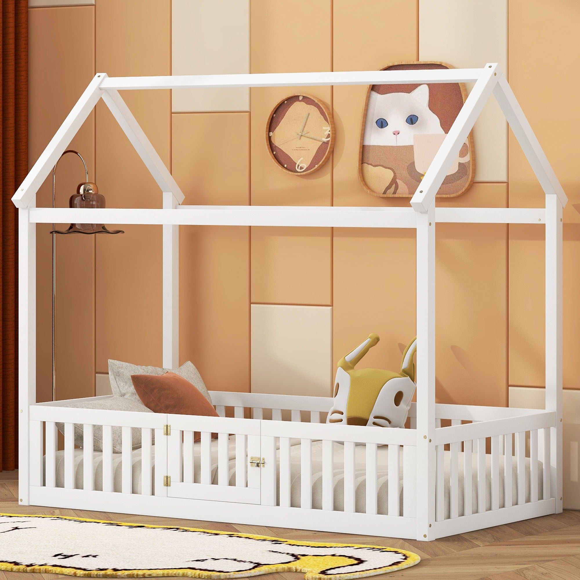 Wood House Bed With Fence And Door