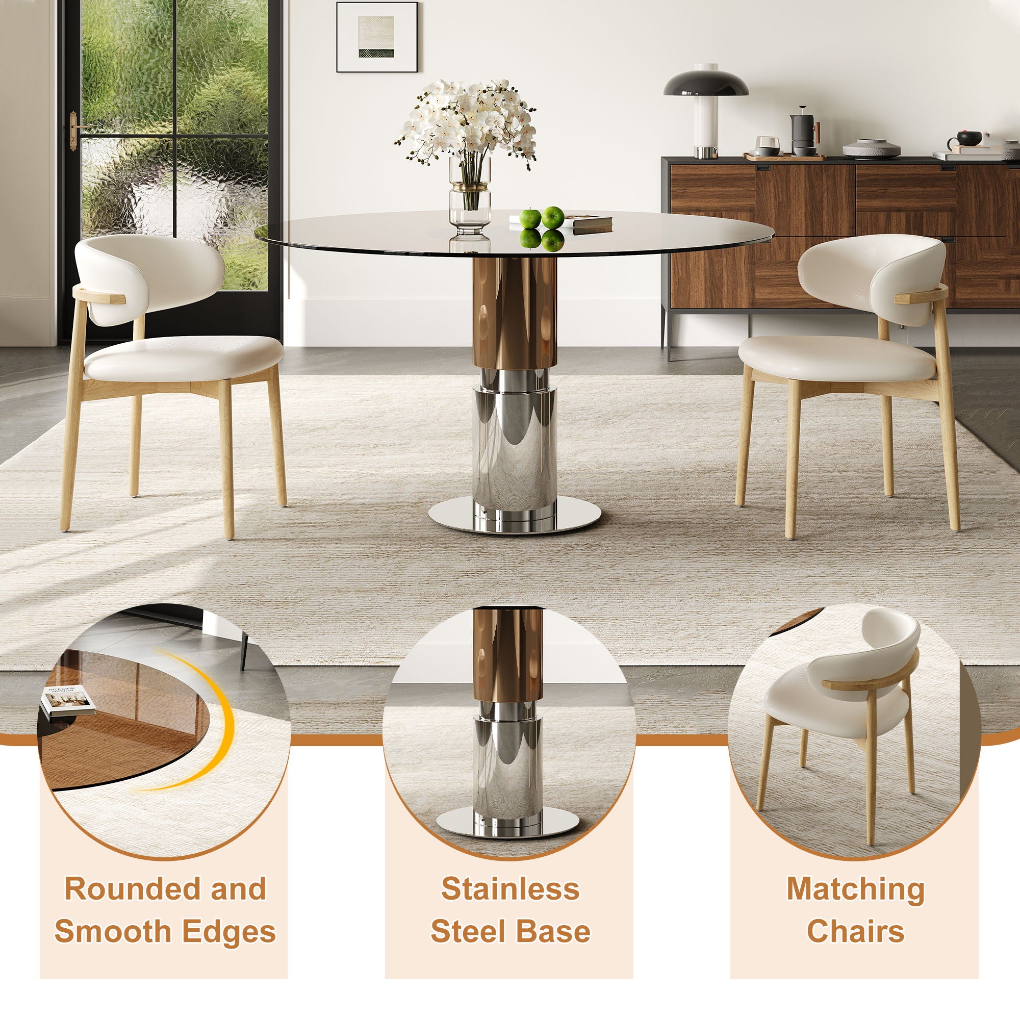 Round Dining Table & Tempered Glass Top - Brown