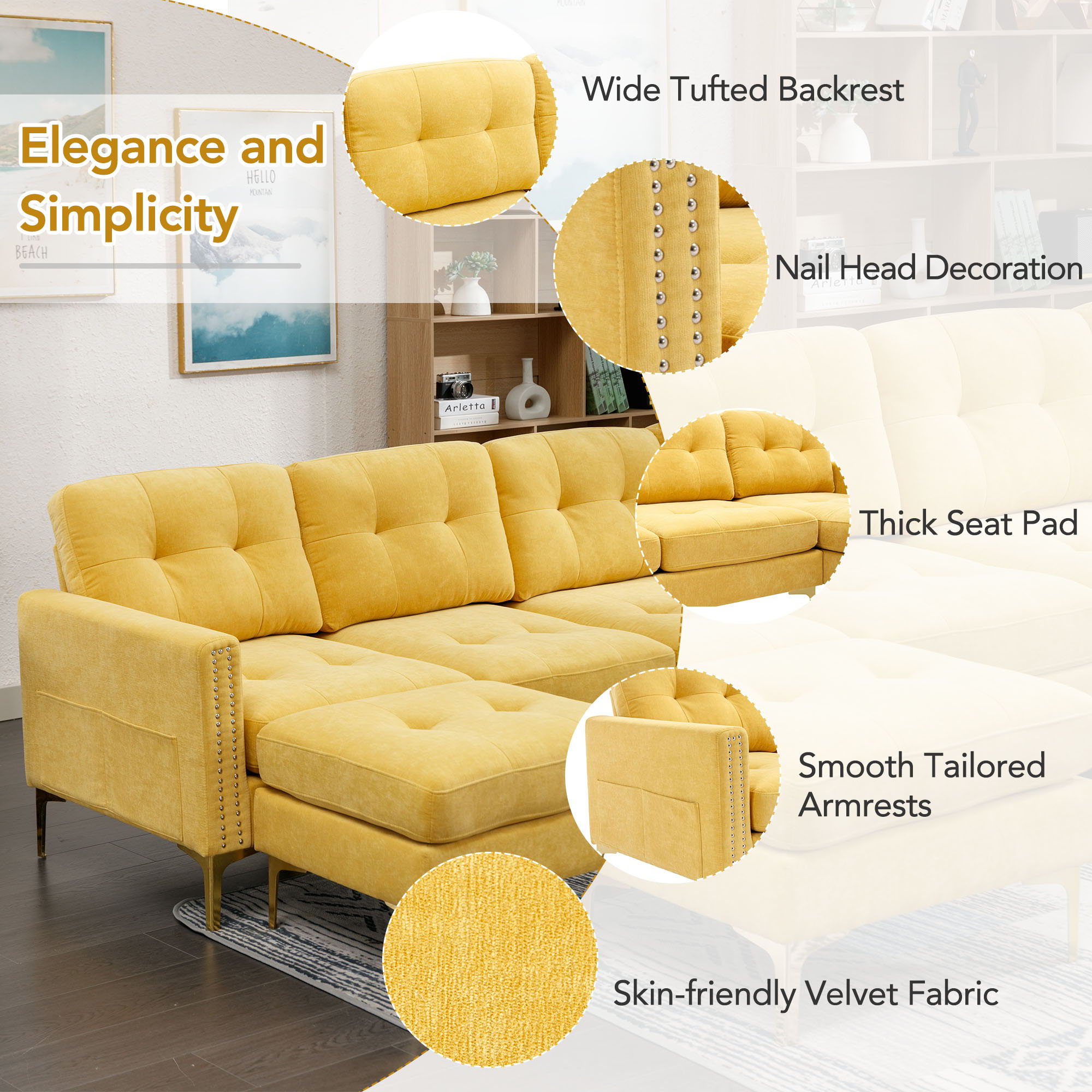 Modern L - Shape Convertible Sectional Sofa With Movable Ottoman