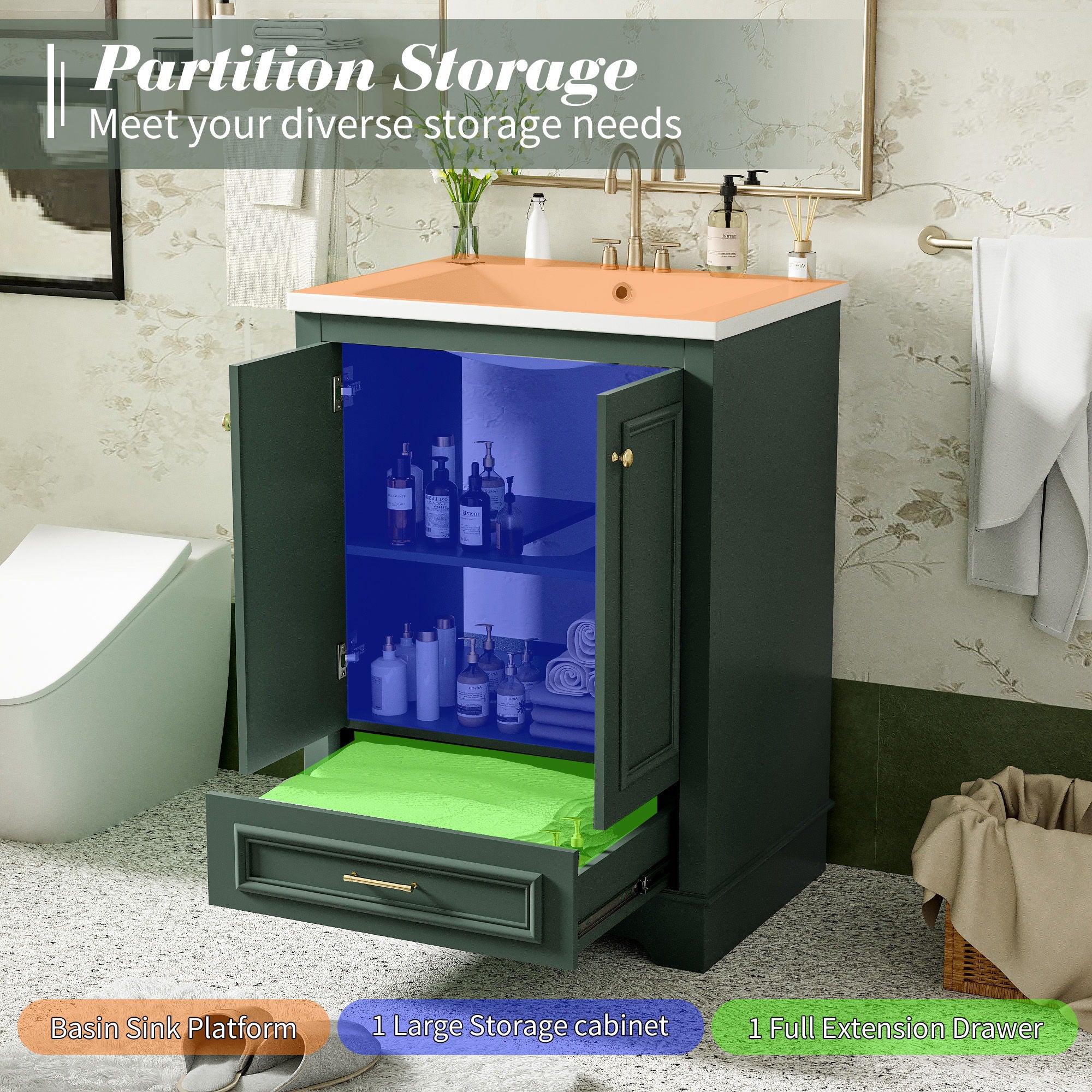 Bathroom Vanity With Ceramic Sink Combo, Modern Freestanding Storage Cabinet With Silver Handles