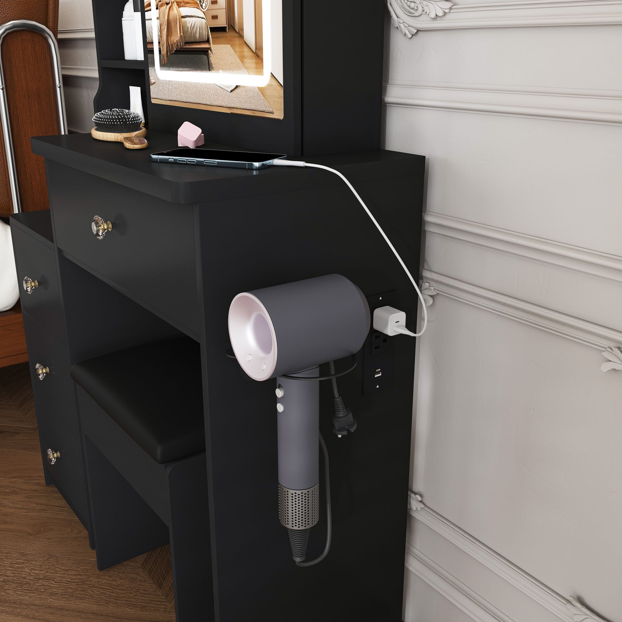 Vanity Desk With 3 LED Lighting Modes, 4 Drawers, Open Shelves, Hair Dryer Holder & Power Socket Dressing Table Set With Chair - Black