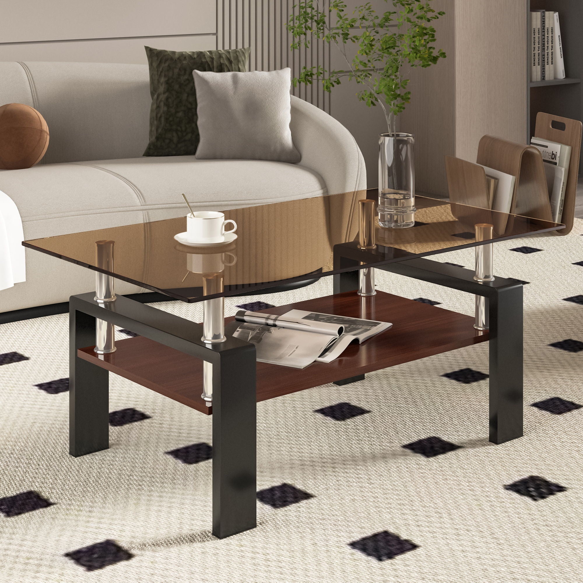 Modern Rectangular Coffee Table With Tempered Glass Top