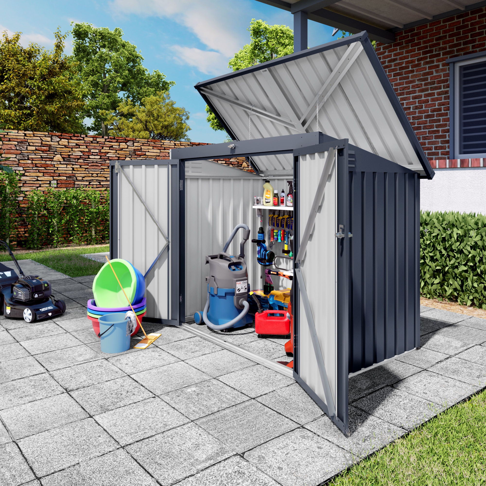 Outdoor Trash Can Storage Shed For 2 Bins Garbage - Gray