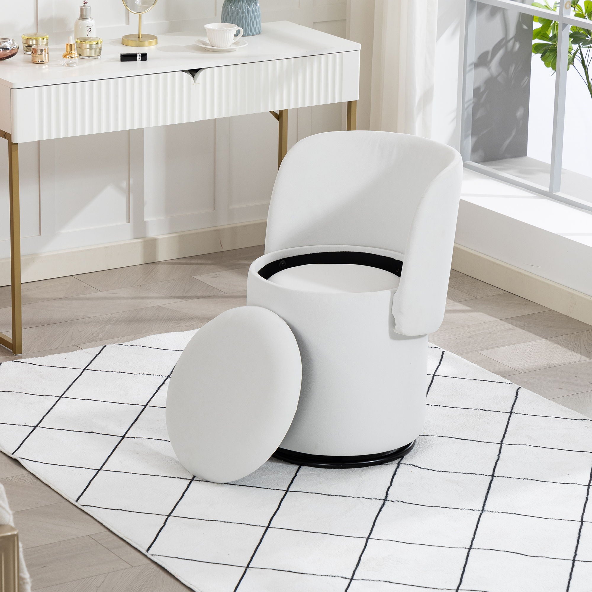 Barrel Chair With Built In Storage, 360° Swivel - Beige