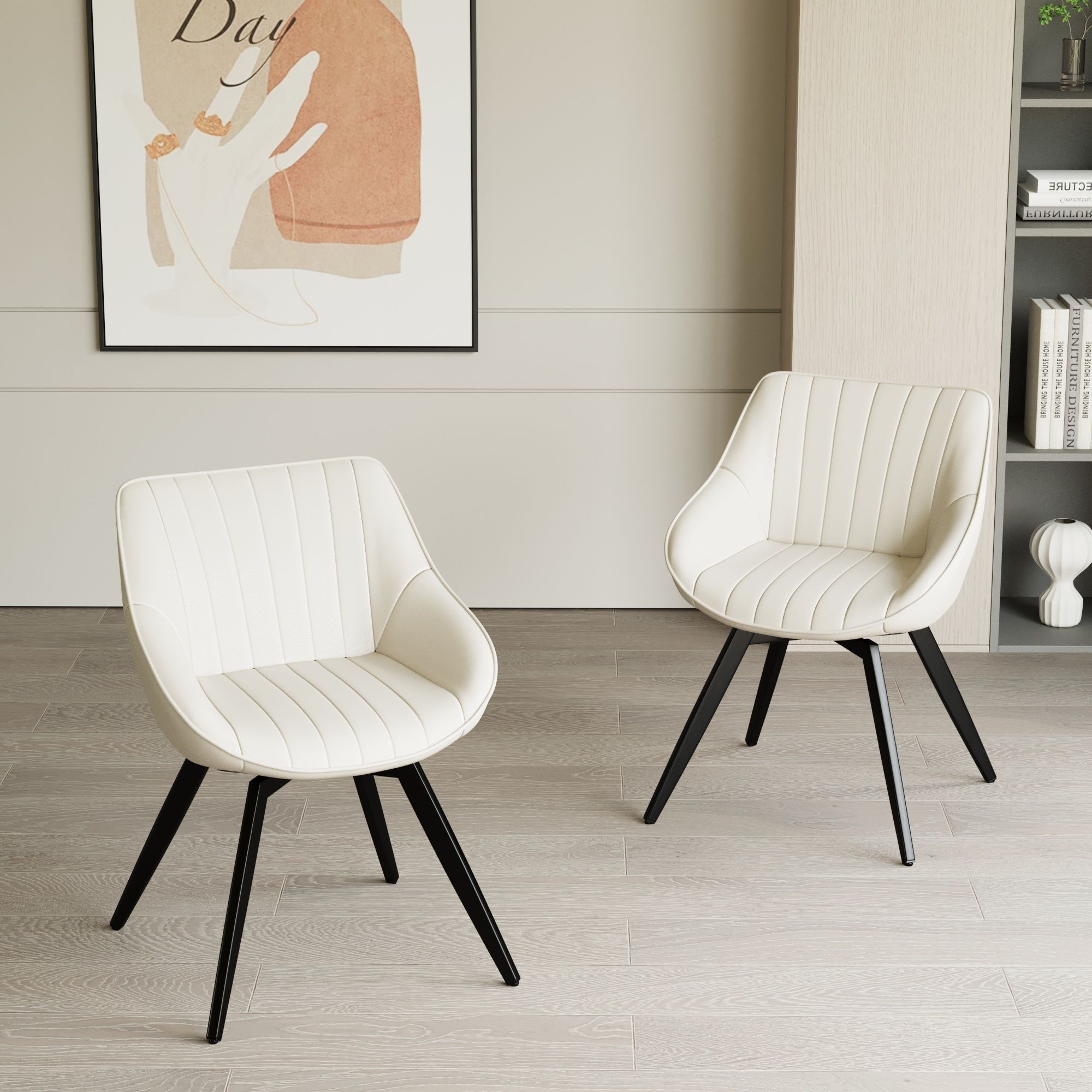 Round Coffee Table With 2 Dining Chairs Set, Ring Striped Design - Beige / Wood