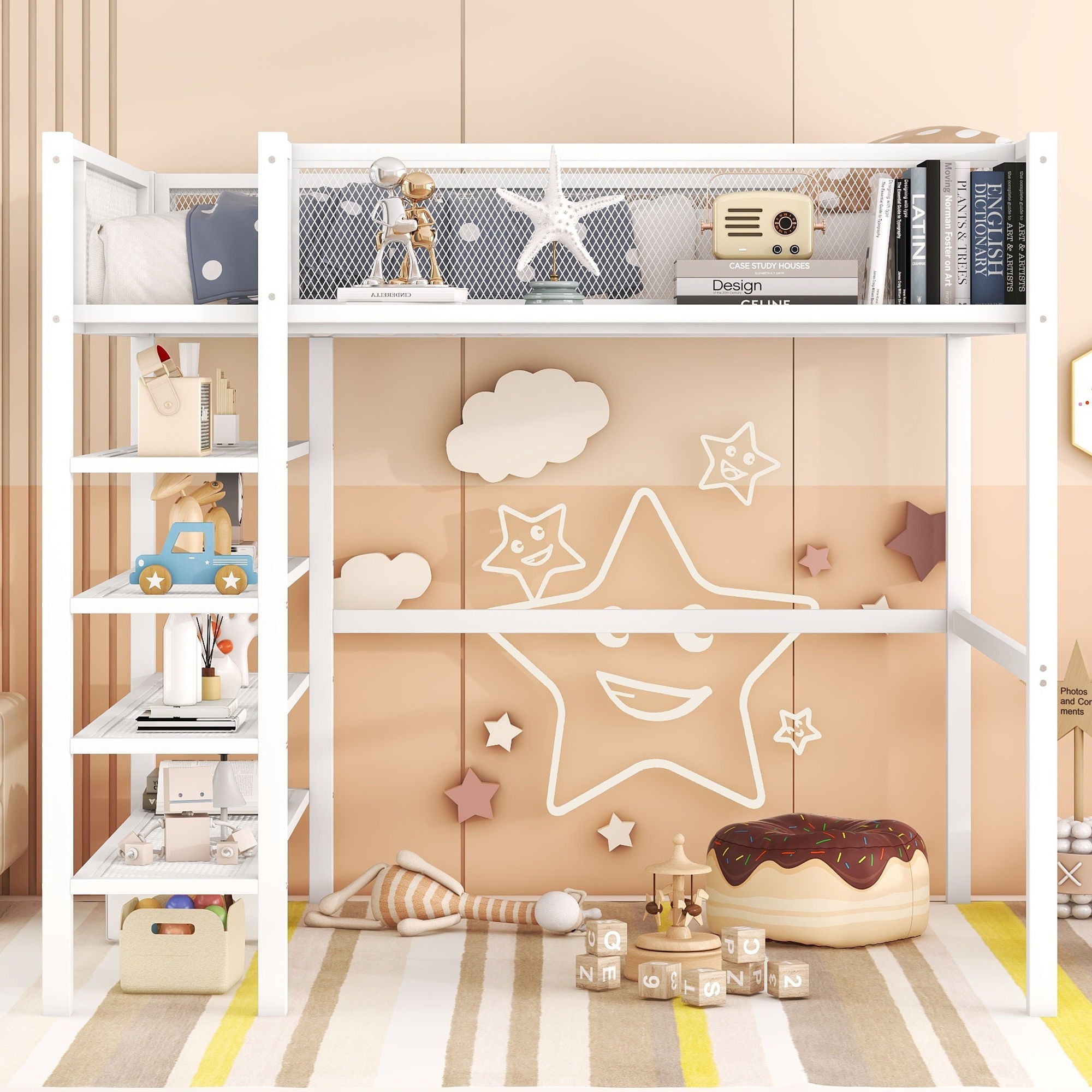 Loft Bed With 4 Tier Shelves And Storage