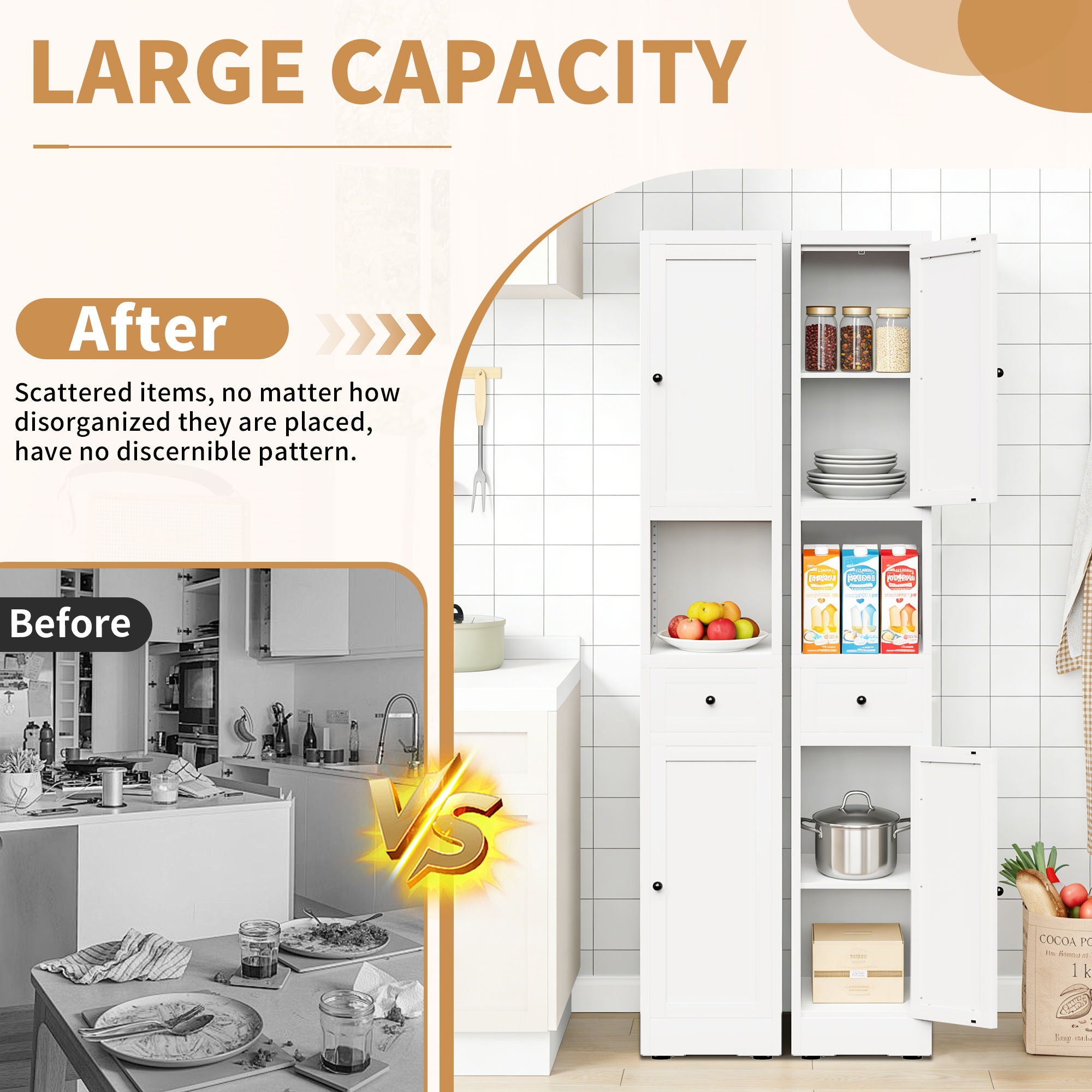Tall Bathroom Storage Cabinet, 5-Tier Narrow With 2 Doors & Adjustable Shelves, Freestanding - White