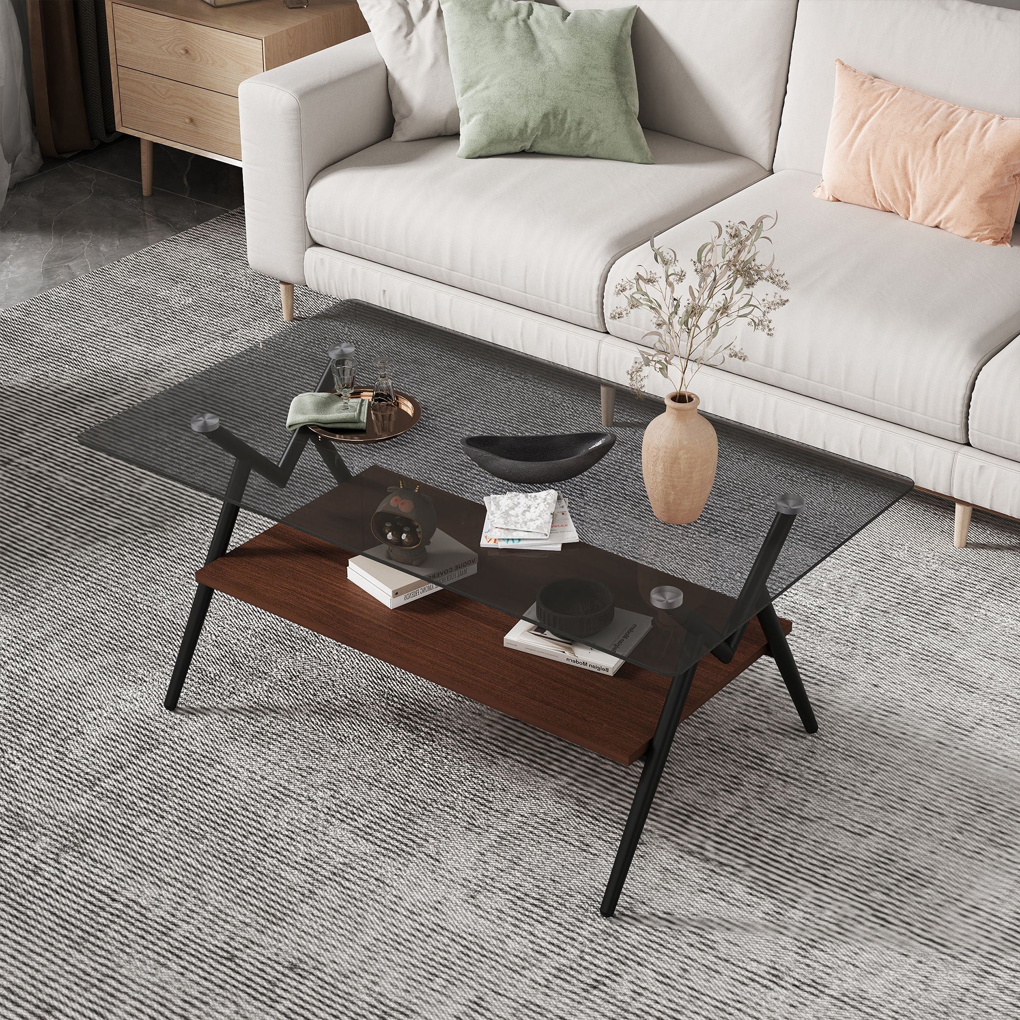 Rectangle Coffee Table With Tempered Glass Top And Shelf, Modern Table For Living Room
