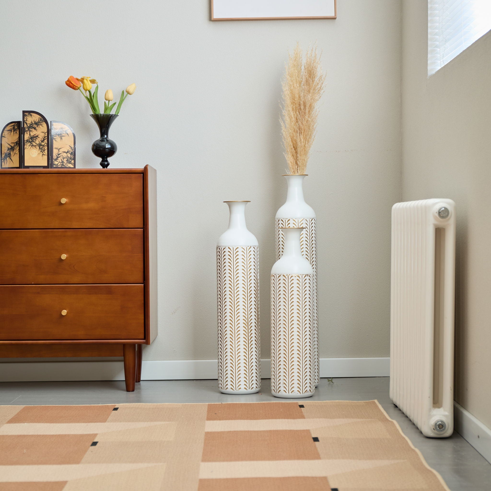 Floor Metal Vase Modern Style Decoration Home Metal Vase 3 Piece Set Gorgeous Home Decoration Large Glazed Metal Vase - Gold / White