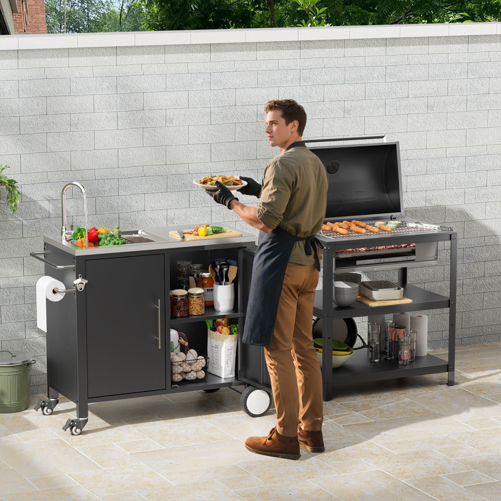 Outdoor Grill Cart With 304 Stainless Steel Sink And Cabinet - Black / Silver