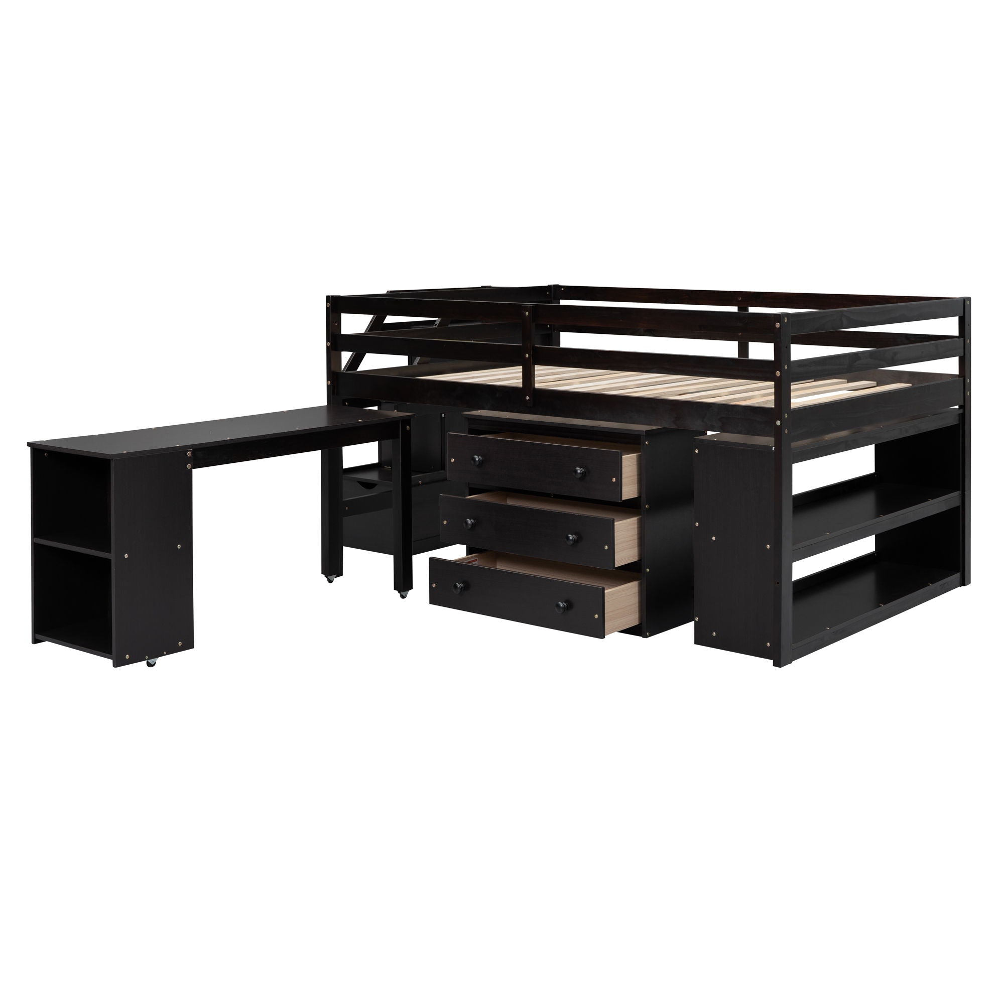 Loft Bed With Retractable Writing Desk And 3 Drawers With Storage Stairs And Shelves