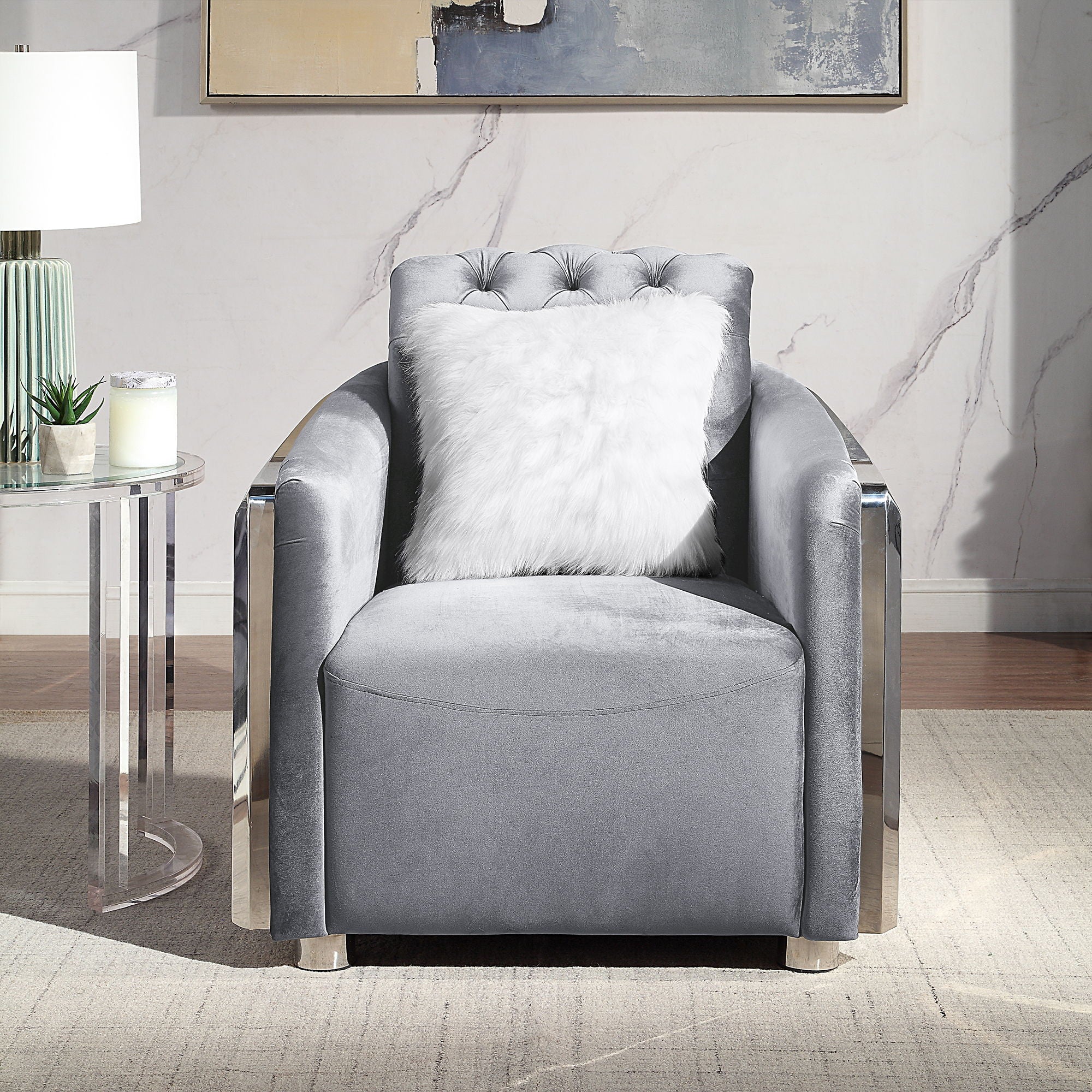 Accent Chair With Button Tufted Diamond Grid & 1 Pillow For Living Room